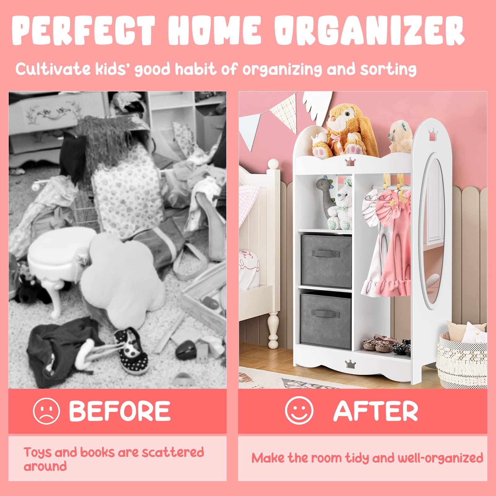 Costzon Kids Dress Up Storage Wardrobe with Mirror & Hangers - White Crown Pattern Toy Organizer for Pretend Play Costumes | Perfect for Bedroom & Playroom Organization | Toddler Closet & Dress Up Storage Solution