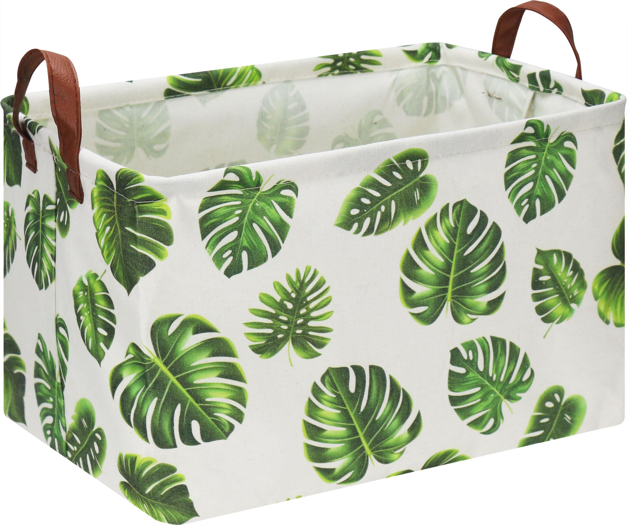 HKEC Rectangle Storage Basket with Handles - Collapsible Kids Toy Organizer, Baby Clothes & Book Storage Bin, Foldable Gift Basket (Green Monstera) - Perfect for Nursery, Playroom & Home Organization