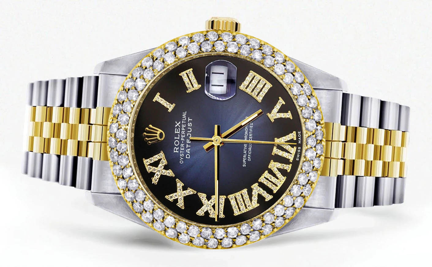 Luxury Diamond Gold Rolex Watch For Men 16233 | 36mm Blue Black Roman Numeral Dial | 4.25 Carat Two Row Bezel | Jubilee Bracelet | Perfect for Business Meetings & Formal Events