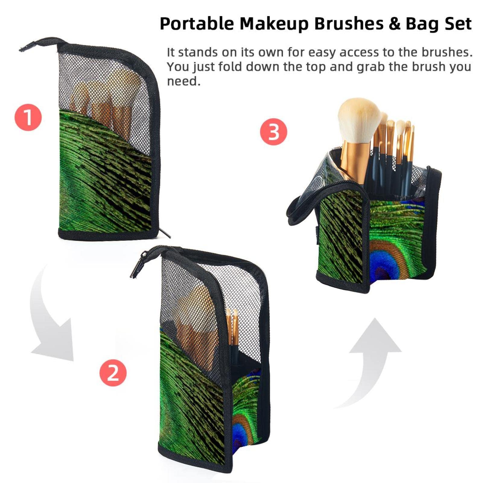 Peacock Feather Makeup Brush Organizer Bag with 12 Brushes - Portable Cosmetic Brush Holder Case for Travel, Home Vanity & Professional Makeup Artists