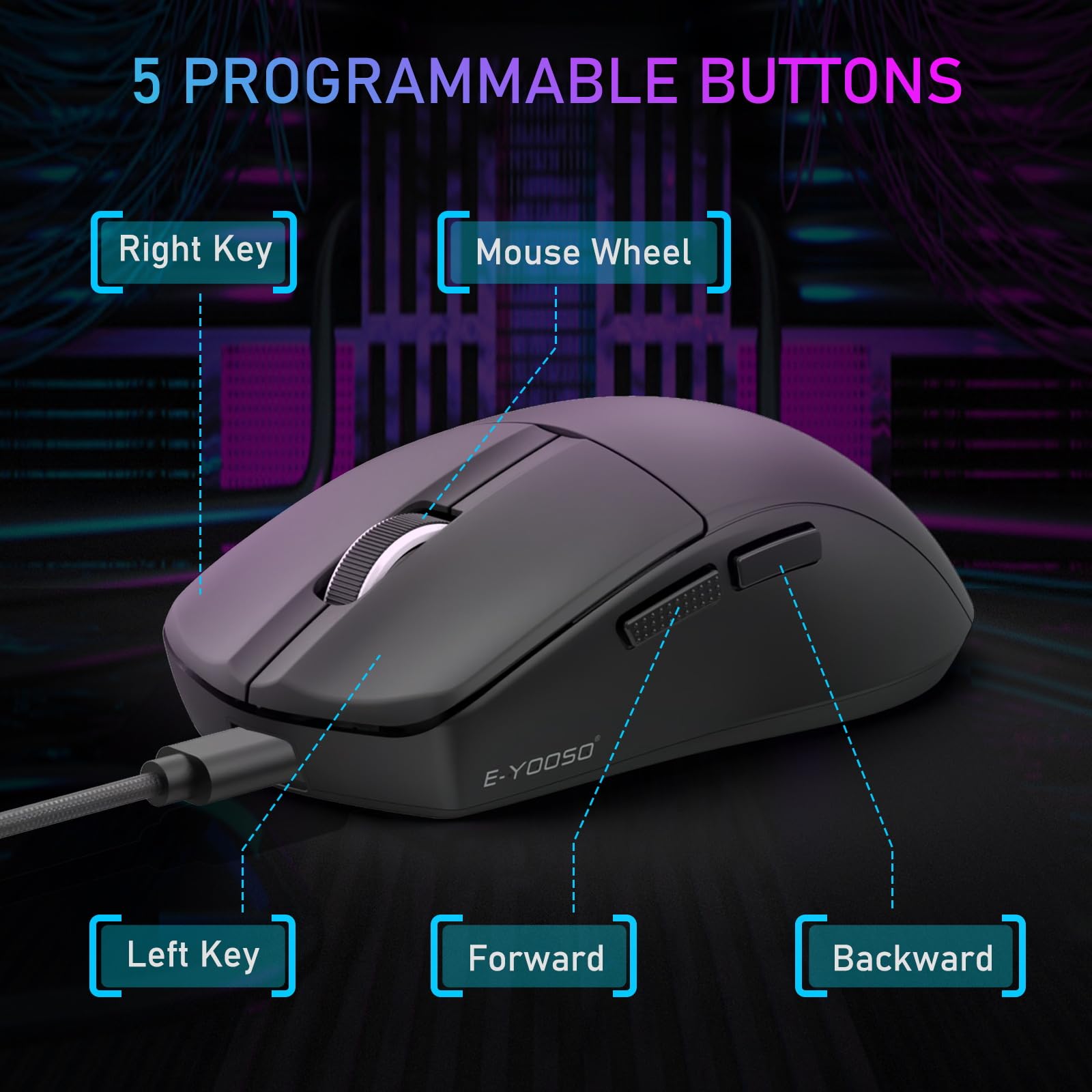 E-YOOSO Ultra Lightweight Wireless Gaming Mouse - 49G Ergonomic Esports Mouse with 26K DPI, PAW3395 Sensor, 1K Polling Rate, 5 Programmable Buttons - Tri-Mode (Wired/2.4GHz/Bluetooth) for PC, Laptop, Mac - Perfect for FPS, MOBA & Office Work (Black)