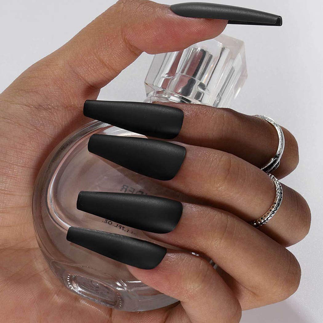 Black Matte Extra Long Ballerina Press-On Nails - 24pcs Coffin Fake Nails for Women, Full Cover Artificial Nails for Wedding, Party & Prom | Perfect for Special Occasions & Everyday Glam