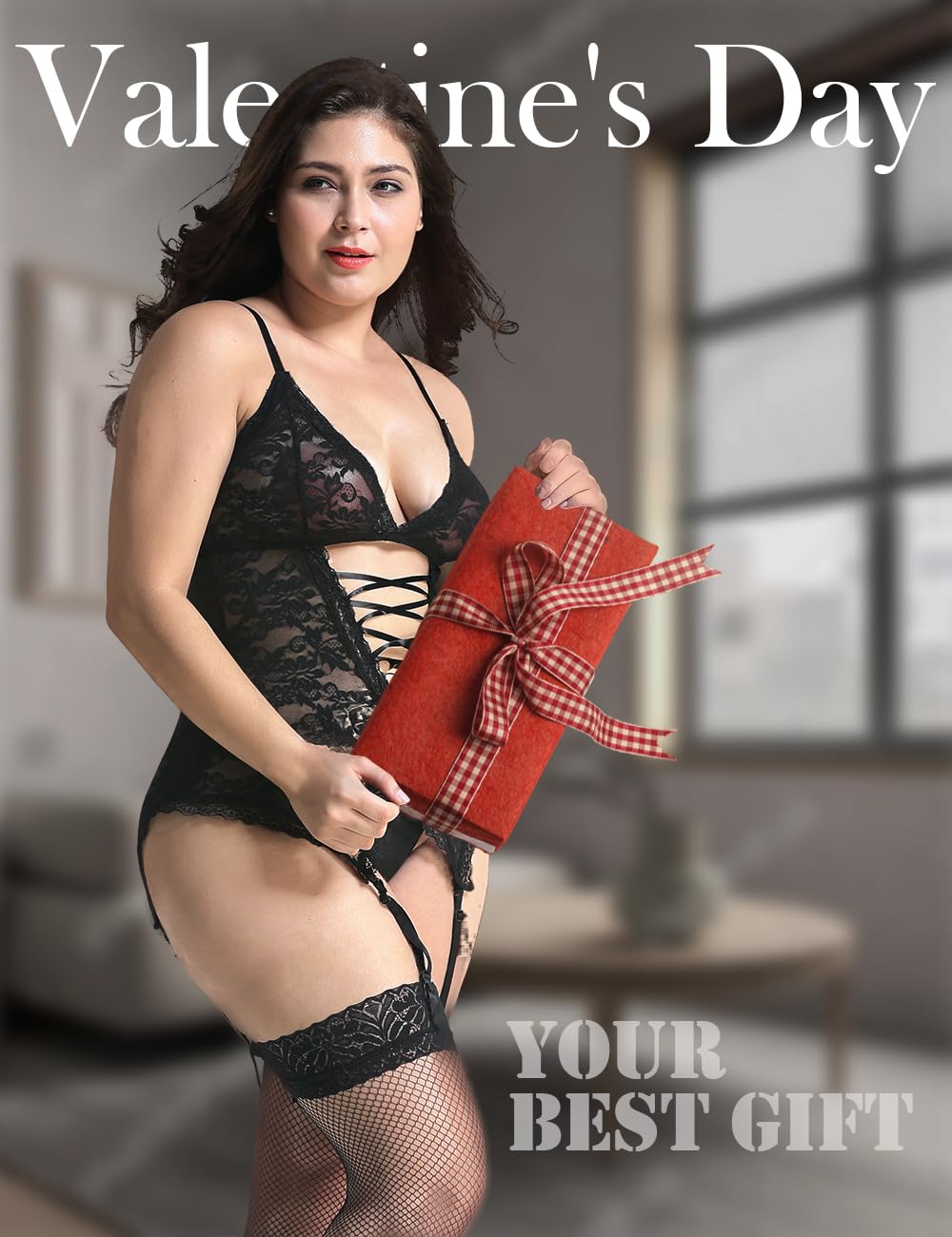 Anyou Women's Lingerie Set - Stretchy Lace Teddy with Stockings, Plus Size Lingerie S-XXXXL for Date Night, Bridal Shower & Romantic Occasions