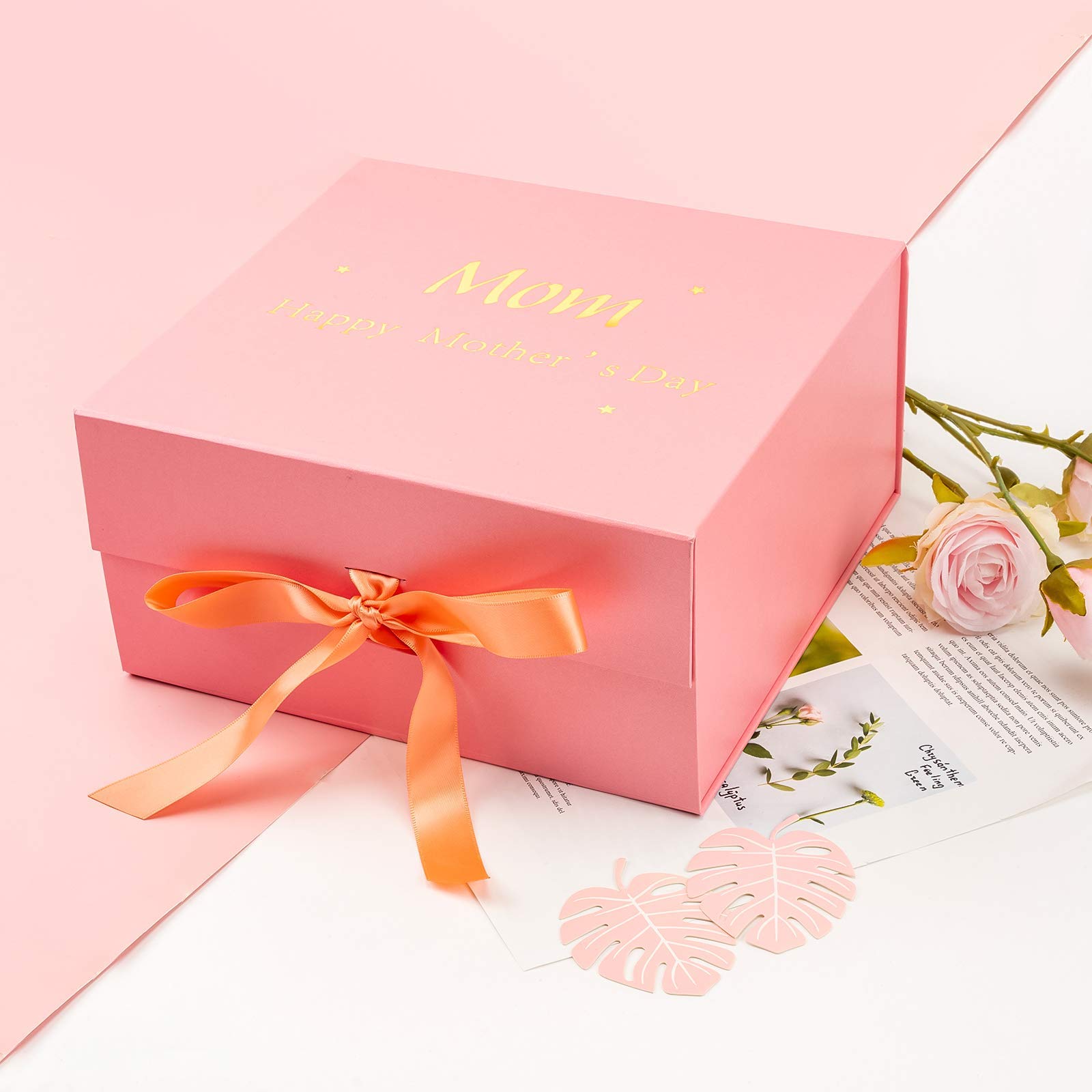 WRAPAHOLIC 8x8x4 Inch Pink Mother's Day Gift Box with Satin Ribbon - Collapsible Magnetic Closure Box Includes 2 White Tissue Papers - Perfect for Gift Wrapping, Jewelry, Cosmetics & Special Occasion Presents