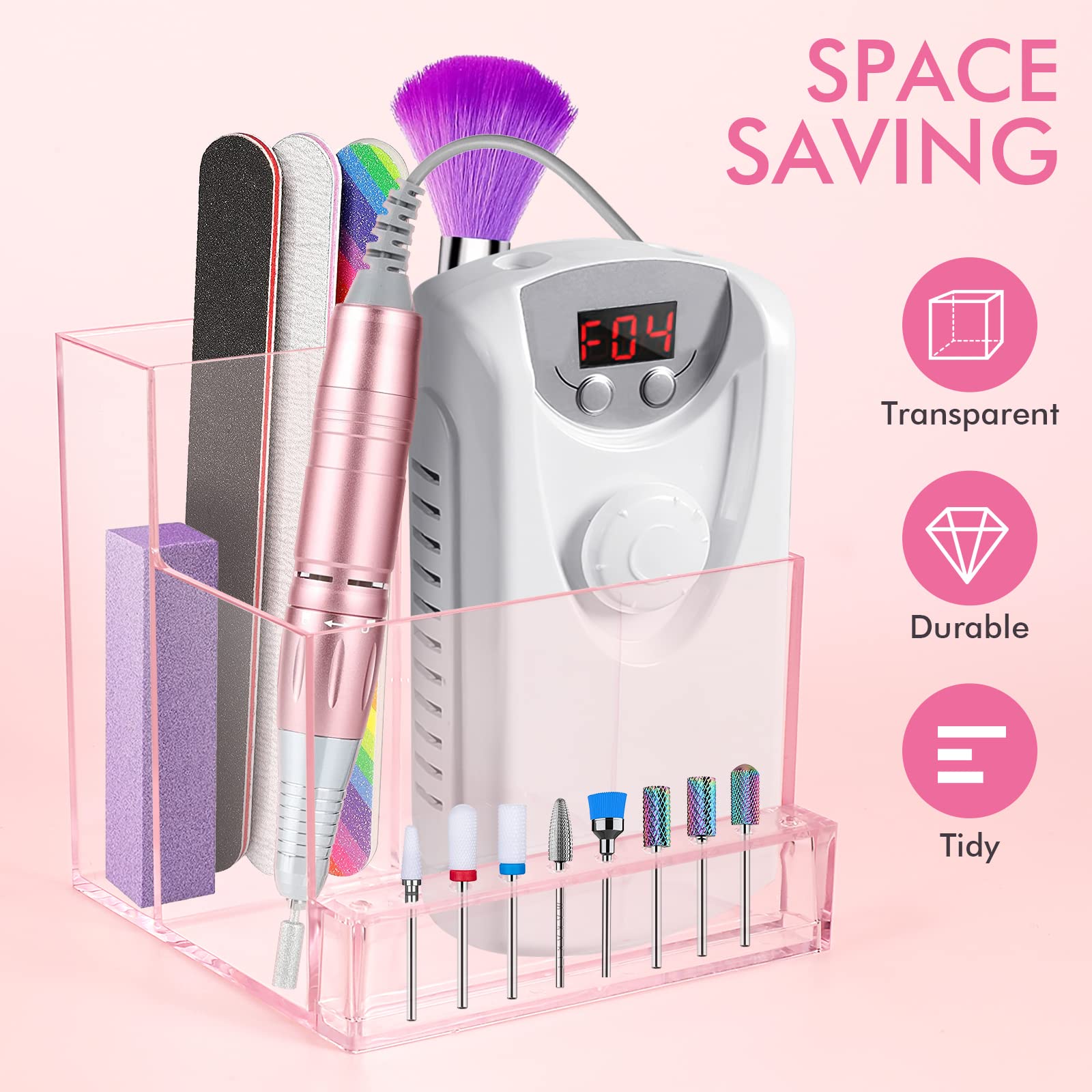 FRCOLOR Professional Nail Drill Bit Holder Storage Box - 24 Slot Grinding Bit Organizer Case for Nail Art Polishing & Manicure Tools (Pink) - Perfect for Salon, Home & Travel Nail Care