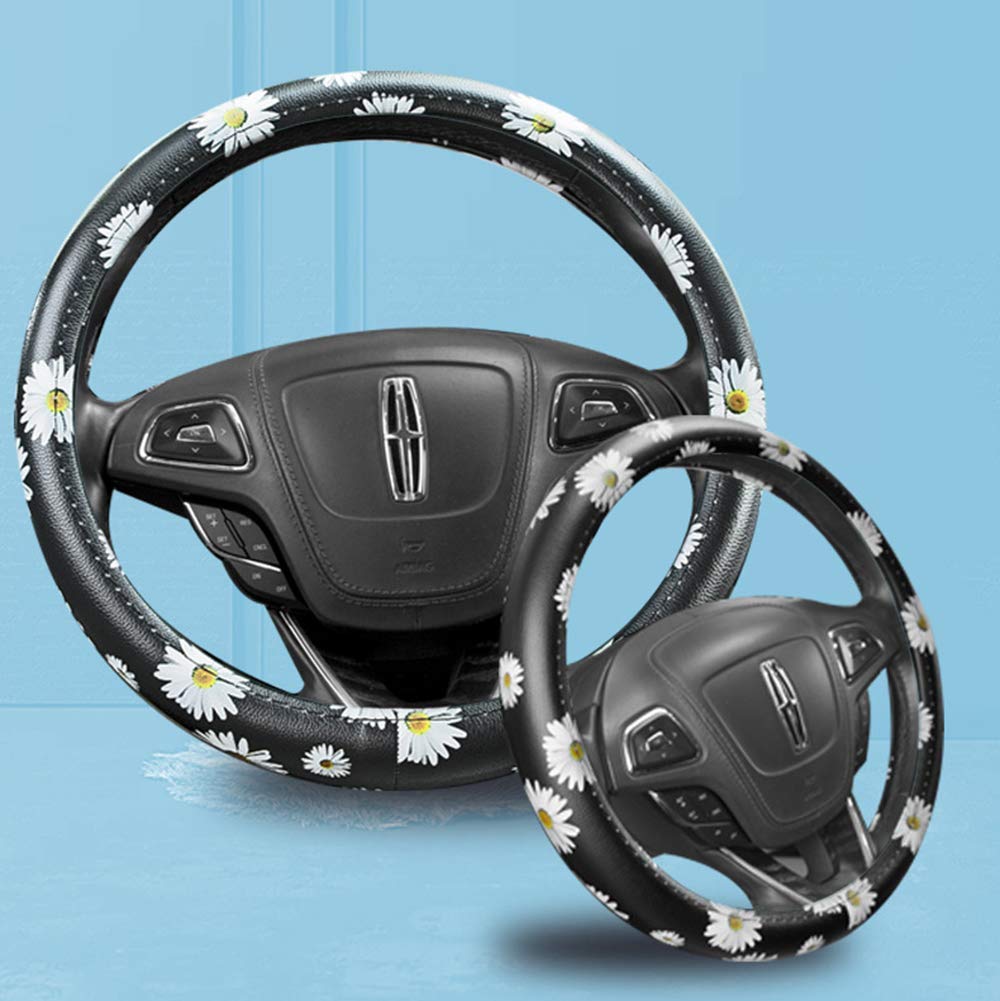 Premium Leather Floral Steering Wheel Cover - Universal Fit 36-38cm, Anti-Slip Car Accessory for Women | Fashionable Black & White Design | Perfect for Daily Commute & Road Trips