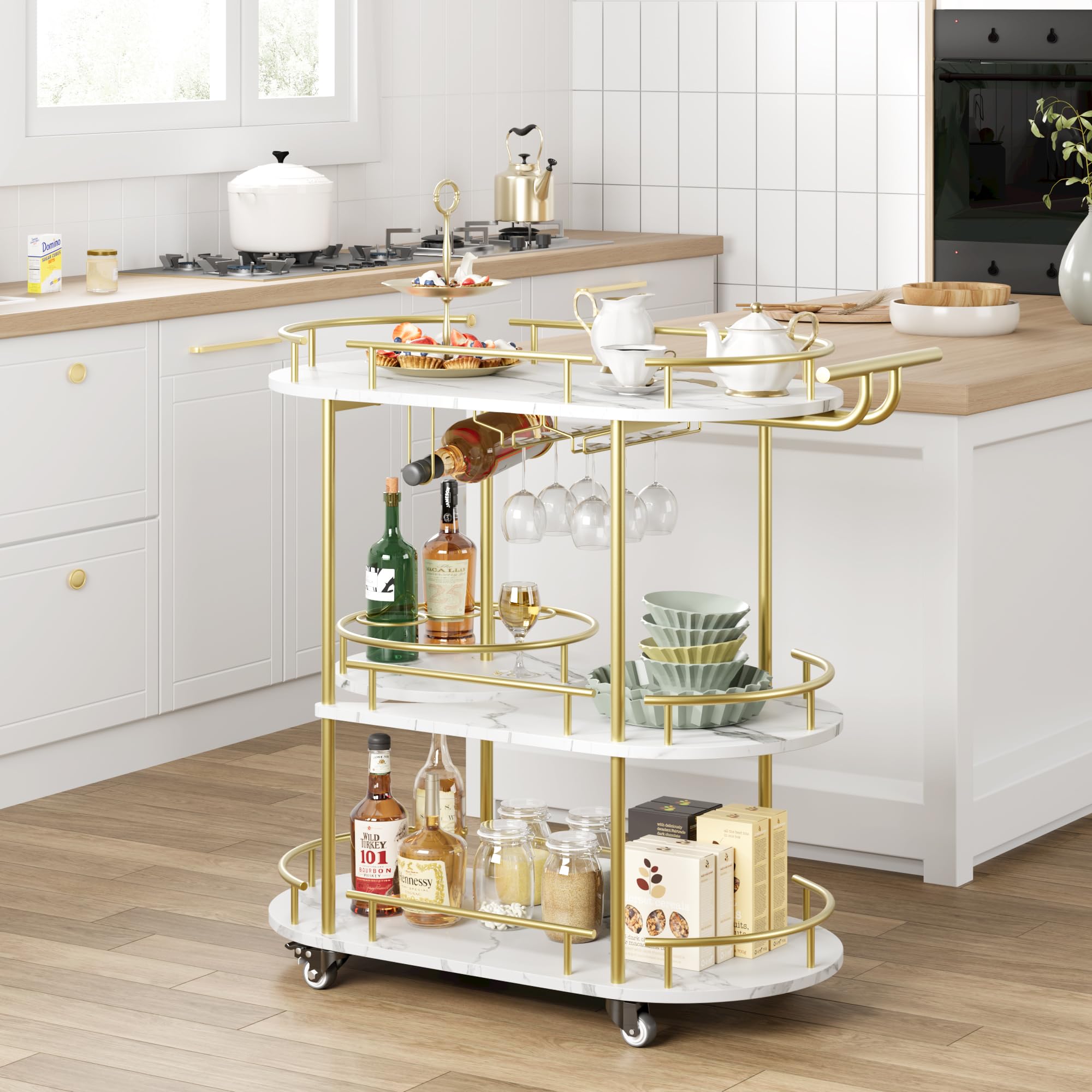 4-Tier Gold Bar Cart with Wheels - Mobile Serving Cart with Wine Rack & Glass Holder - Kitchen, Dining Room, Living Room Organizer - Perfect for Home Entertaining, Parties & Small Space Storage