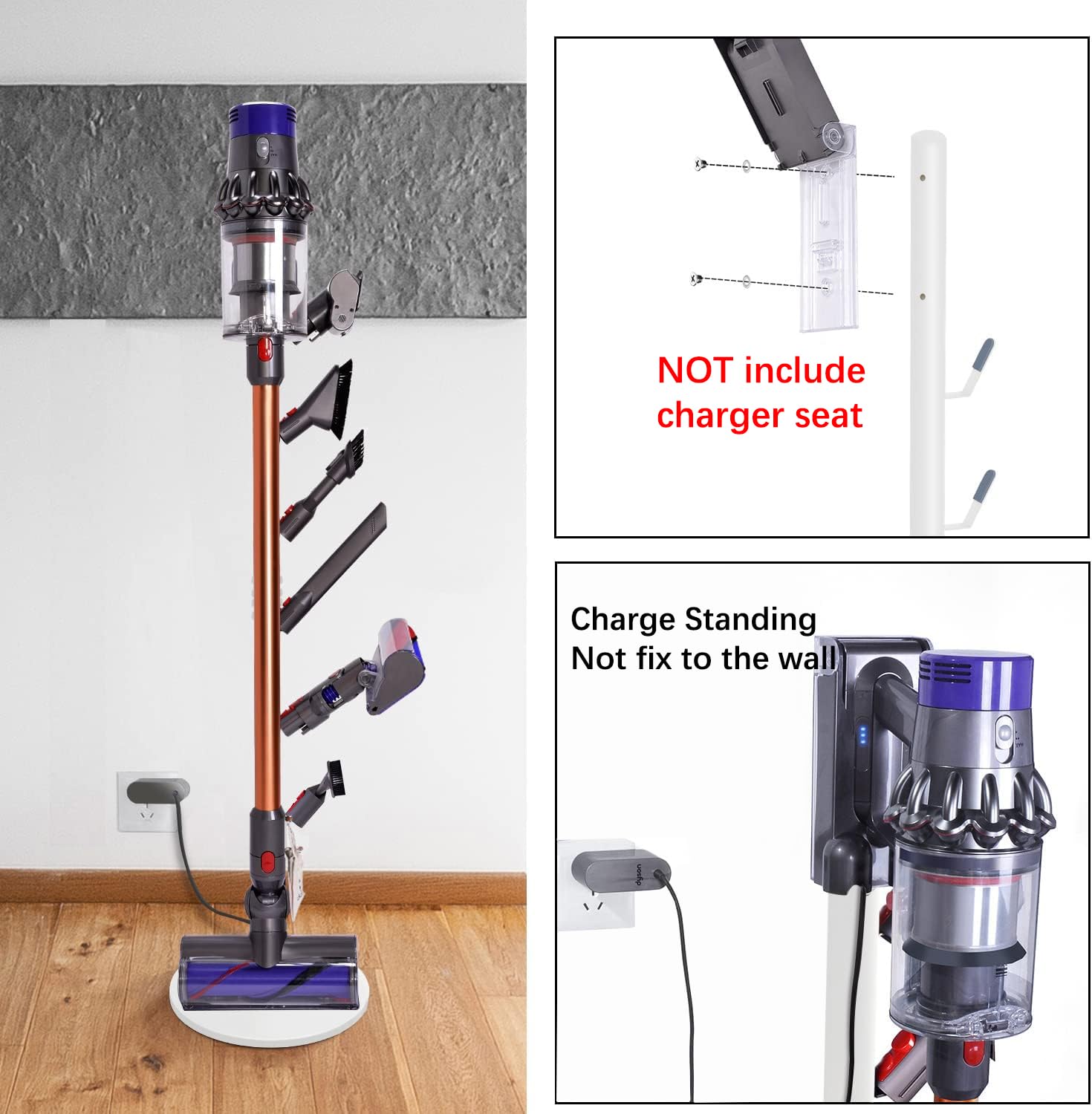 Freestanding Vacuum Stand Holder for Dyson V15 Detect, V11, V10, V8, V7, V6 Cordless Vacuums - Metal Floor Docking Station with 6 Hooks (White) | Wall Mount Organizer for Bedroom, Living Room & Garage Storage