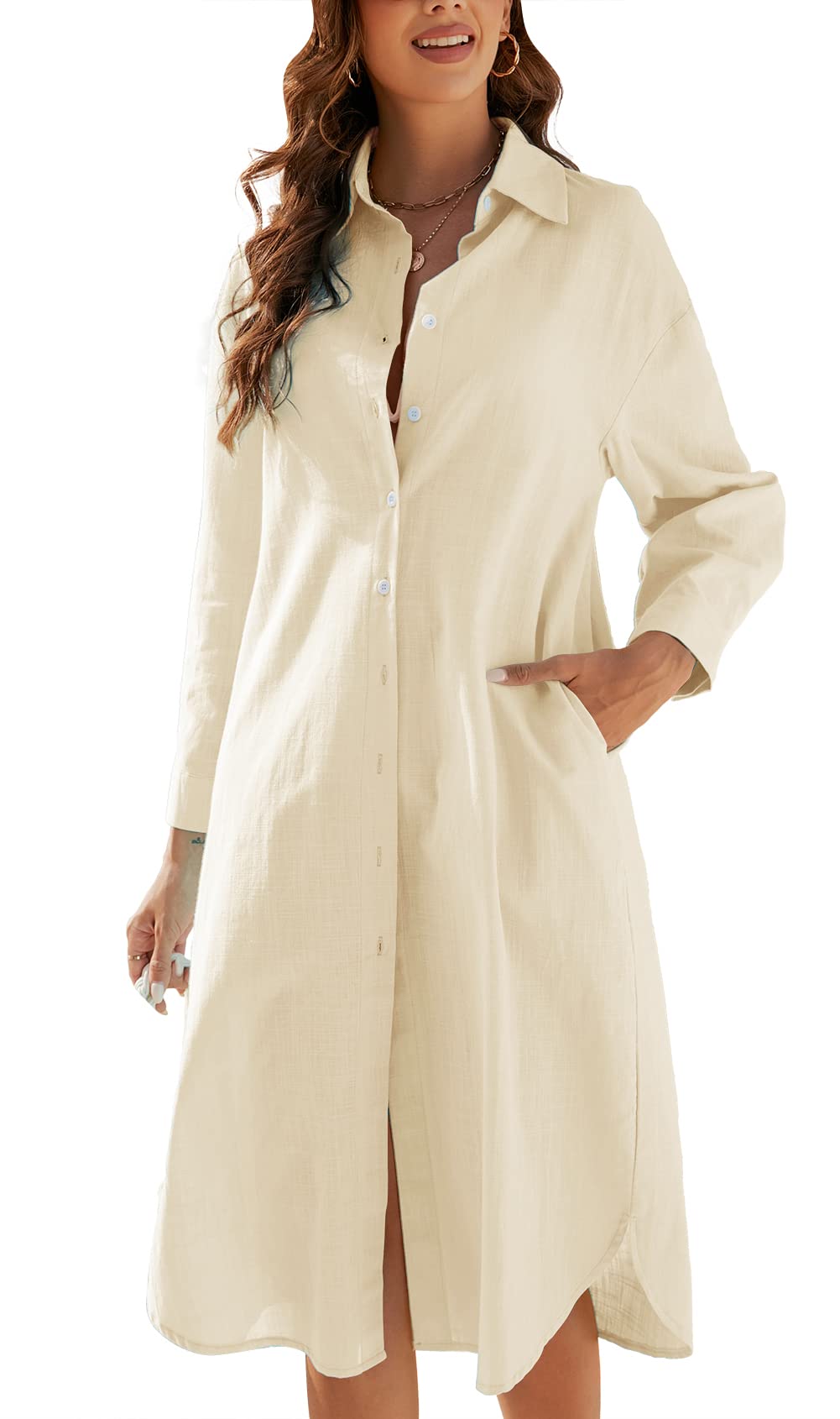 Ladyful Women's Cotton Linen Shirt Dress - Button Down Summer Maxi Shirtdress for Casual Outings, Beach Coverup & Vacation Wear