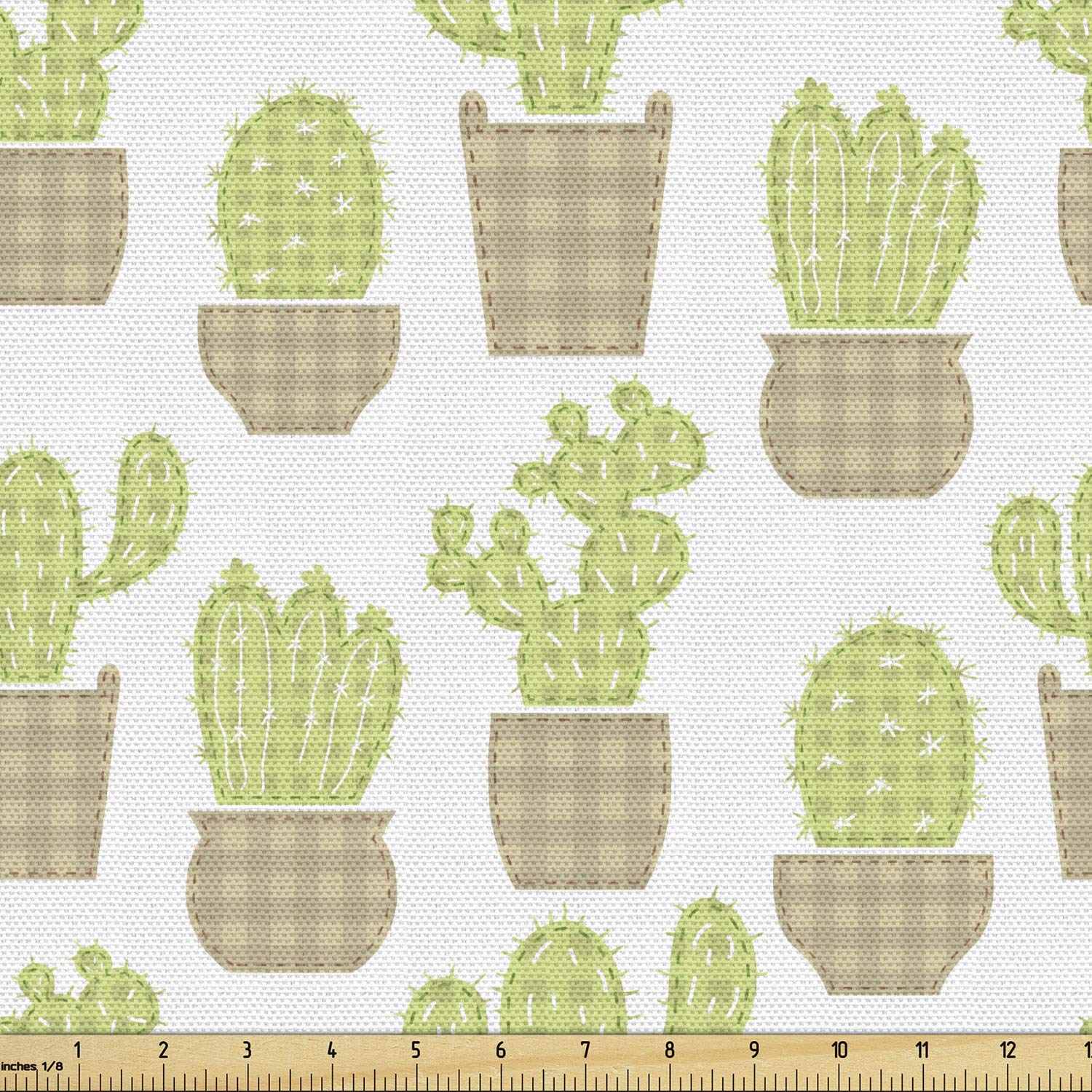 Ambesonne Botanical Fabric by The Yard - Desert Cactus in Checkered Pots Print | 10 Yards Upholstery & Home Decor Fabric | Pale Khaki Avocado Green | Perfect for Sofa Covers, Curtains & DIY Craft Projects