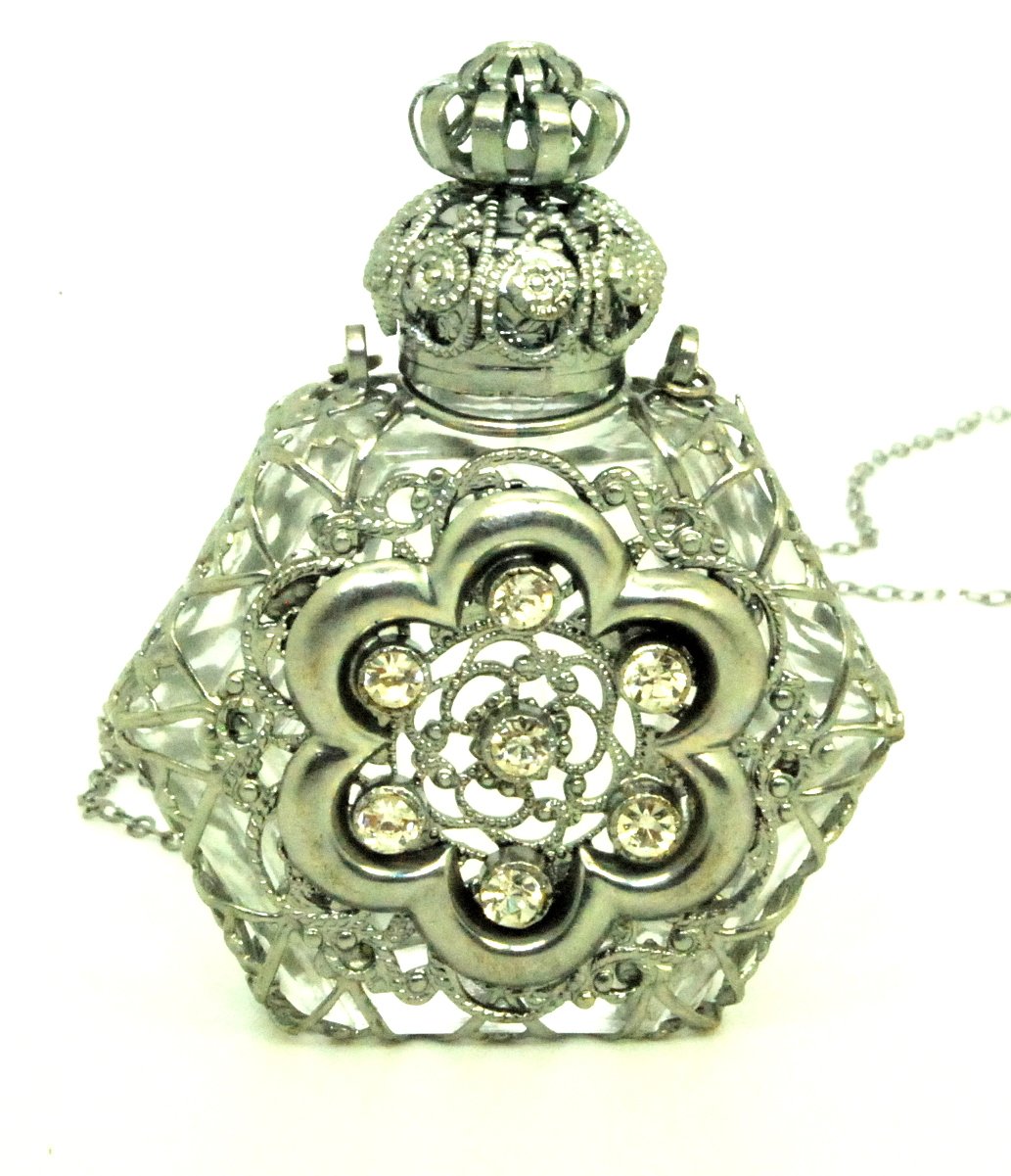 Victorian Style Czech Glass Perfume Bottle Pendant Necklace - Silver Finish Jewelry for Women, Gift for Her, Birthday, Anniversary, Valentine's Day, Christmas Present