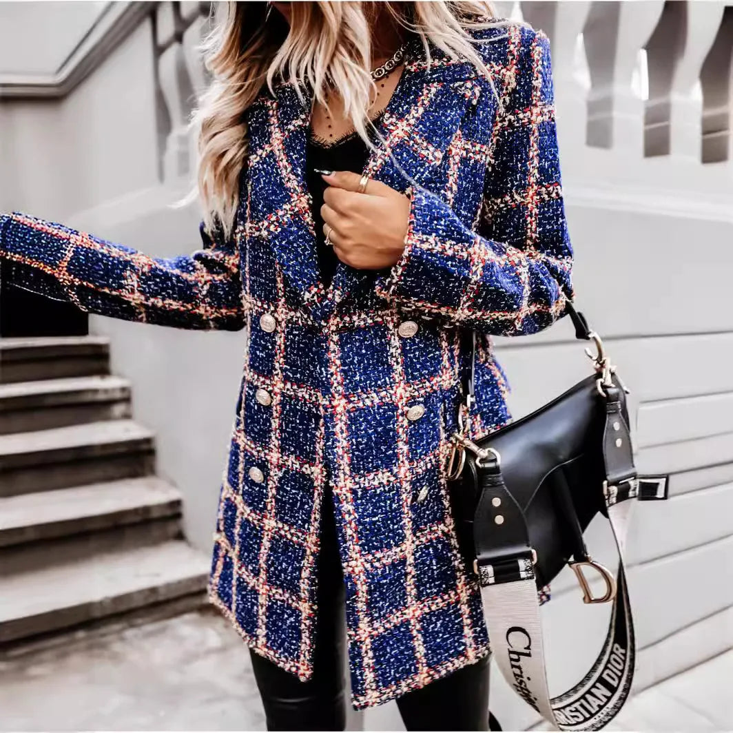 Elegant Women's Long Sleeve Wool Plaid Patchwork Blazer Coat - Retro Winter Windbreaker for Office, Dating & Fall Fashion