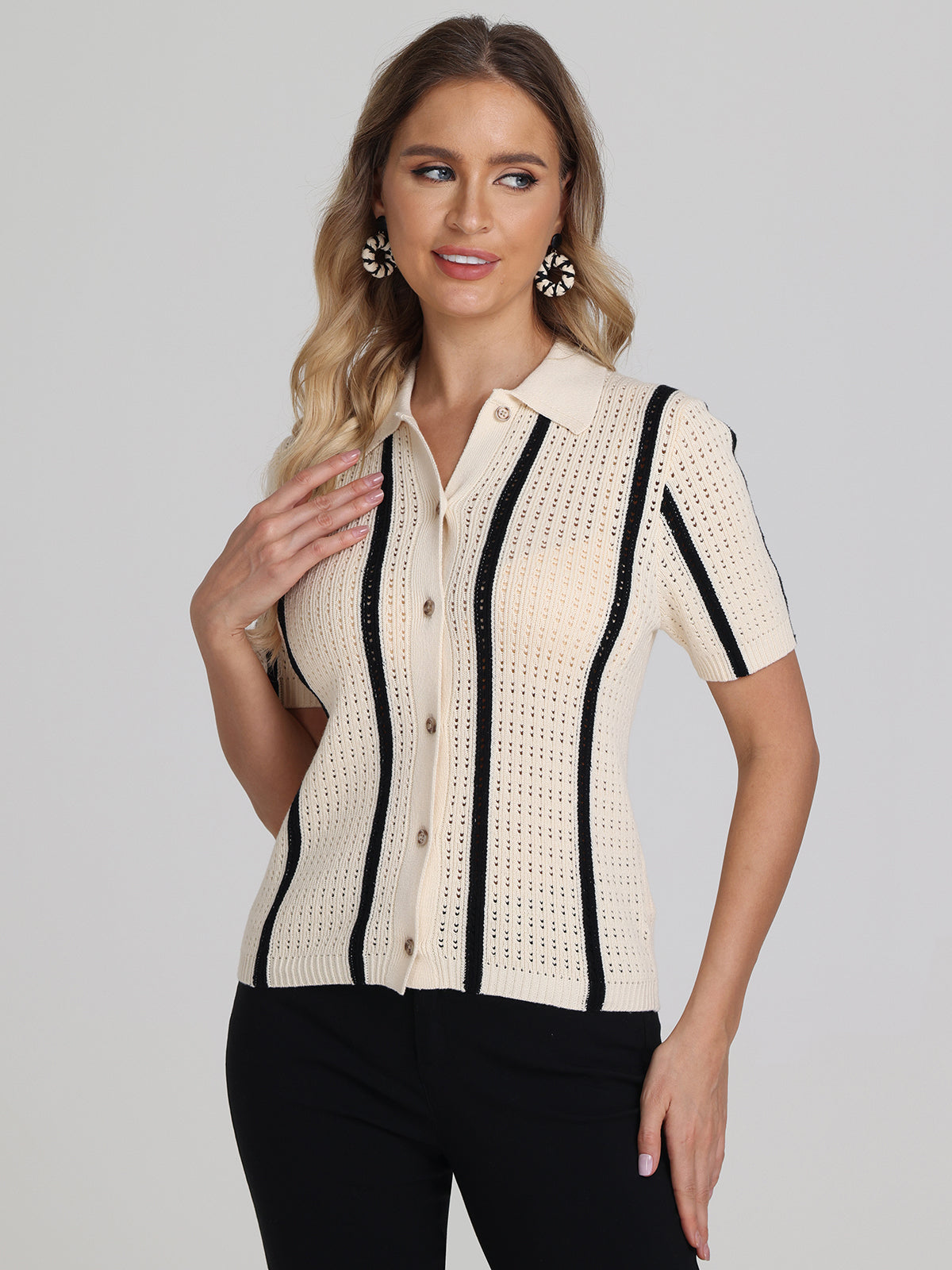 Jada Women's Stripe Polo Button Down Shirt - Casual Office Wear & Summer Fashion Top