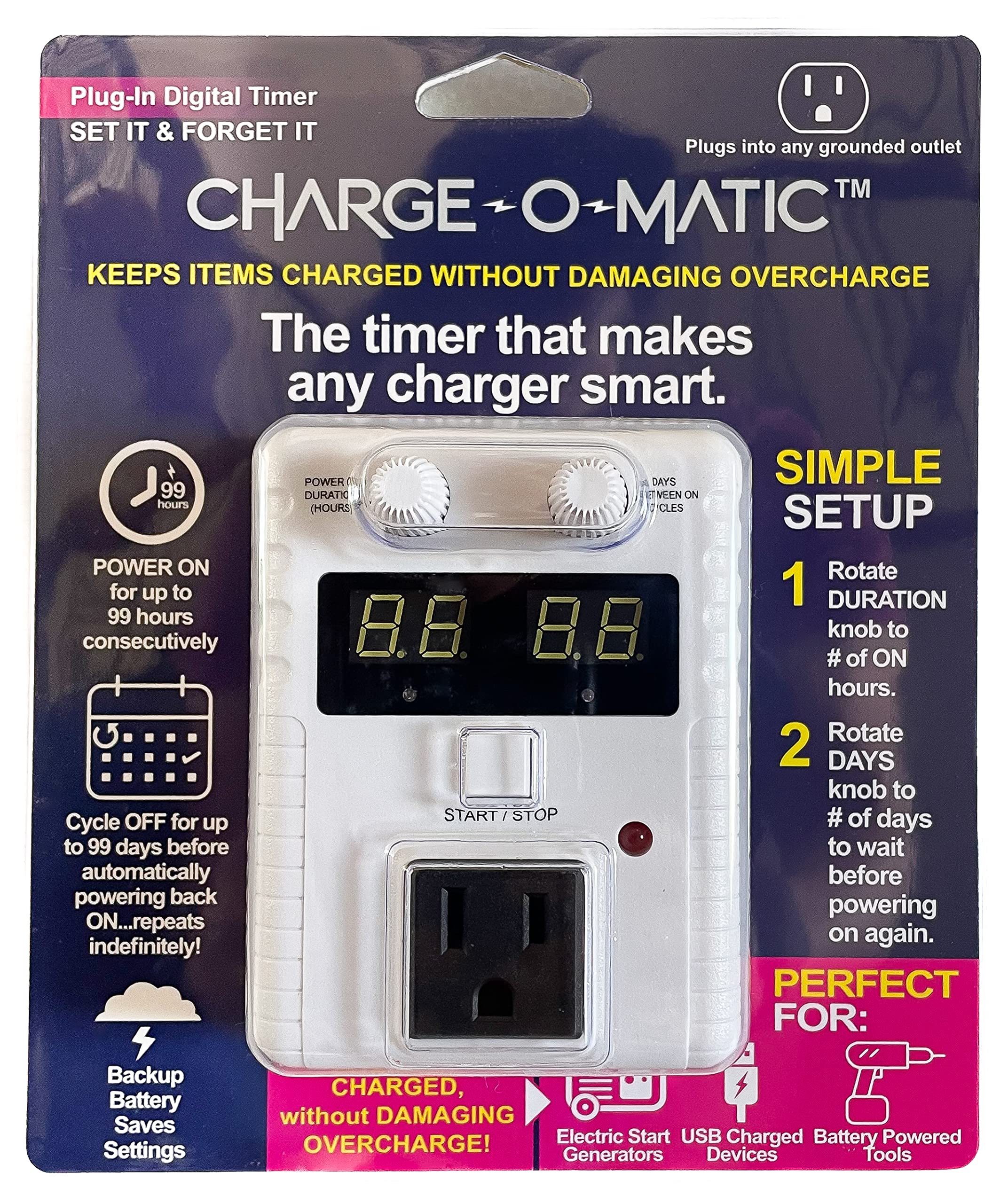 Smart Charging Timer - Charge-O-Matic | Auto Power On/Off for 99 Hours/99 Days | ETL Certified | Perfect for Phones, Laptops & Electric Vehicles | Save Energy & Extend Battery Life