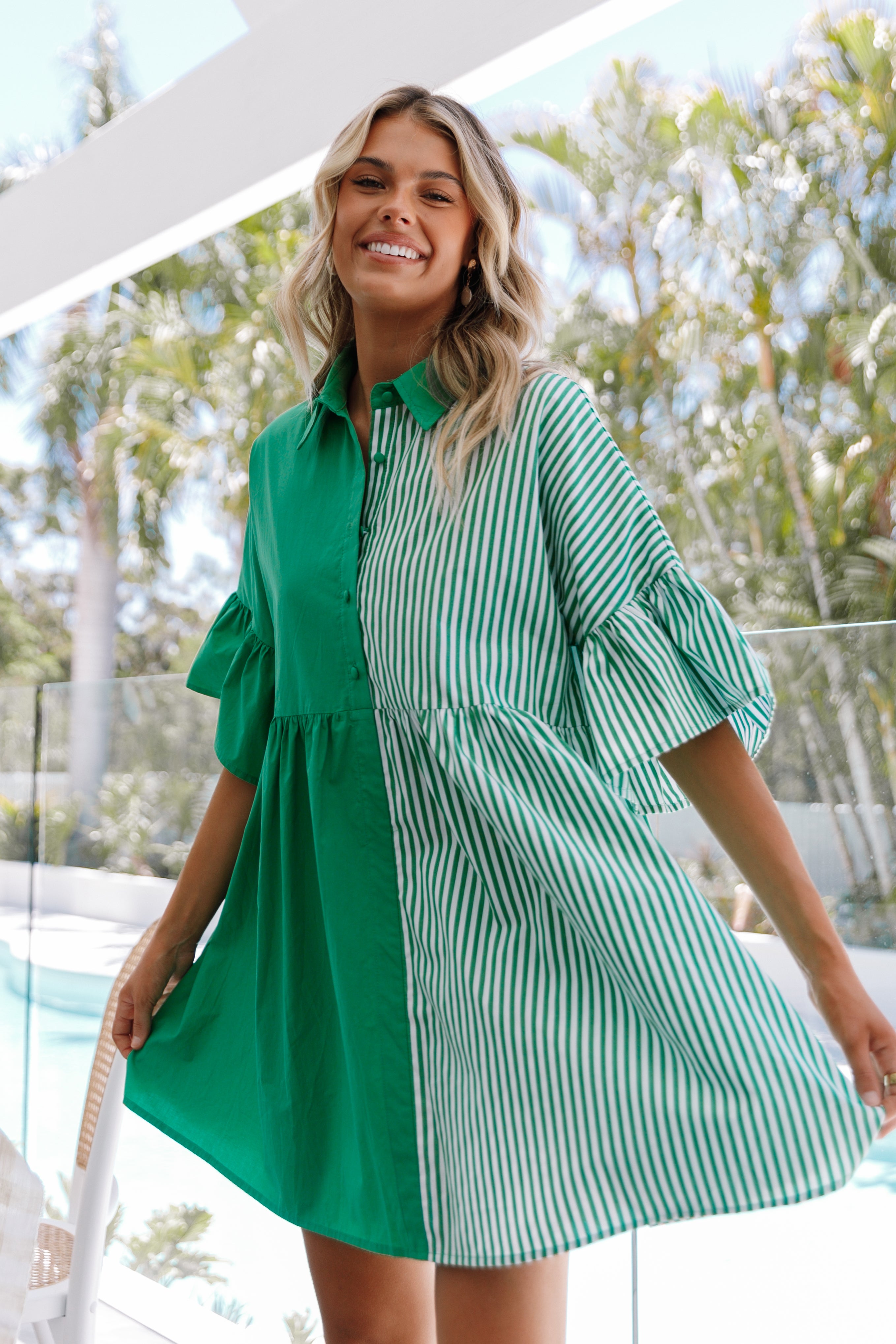 Did Frill Mini Dress - Green Striped Summer Casual Dress for Women | Perfect for Beach, Party & Date Night Outfits