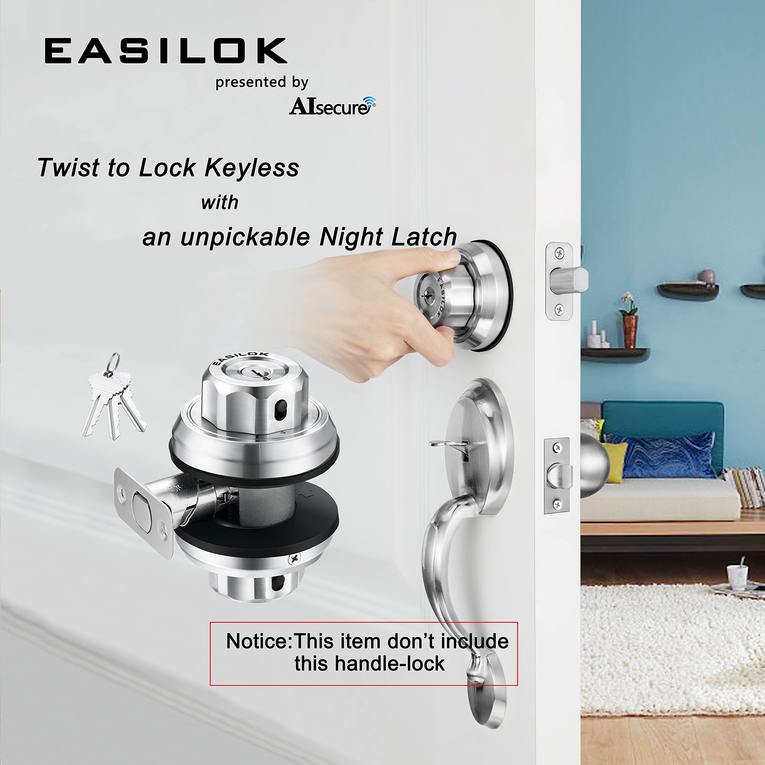 EASlLOK Heavy Duty Keyless Deadbolt Lock - 304 Stainless Steel Single Cylinder Mechanical Door Lock (3 Pack) | Secure Front Door, Gate & Entryway | Twist-to-Lock Technology for Home & Business Security