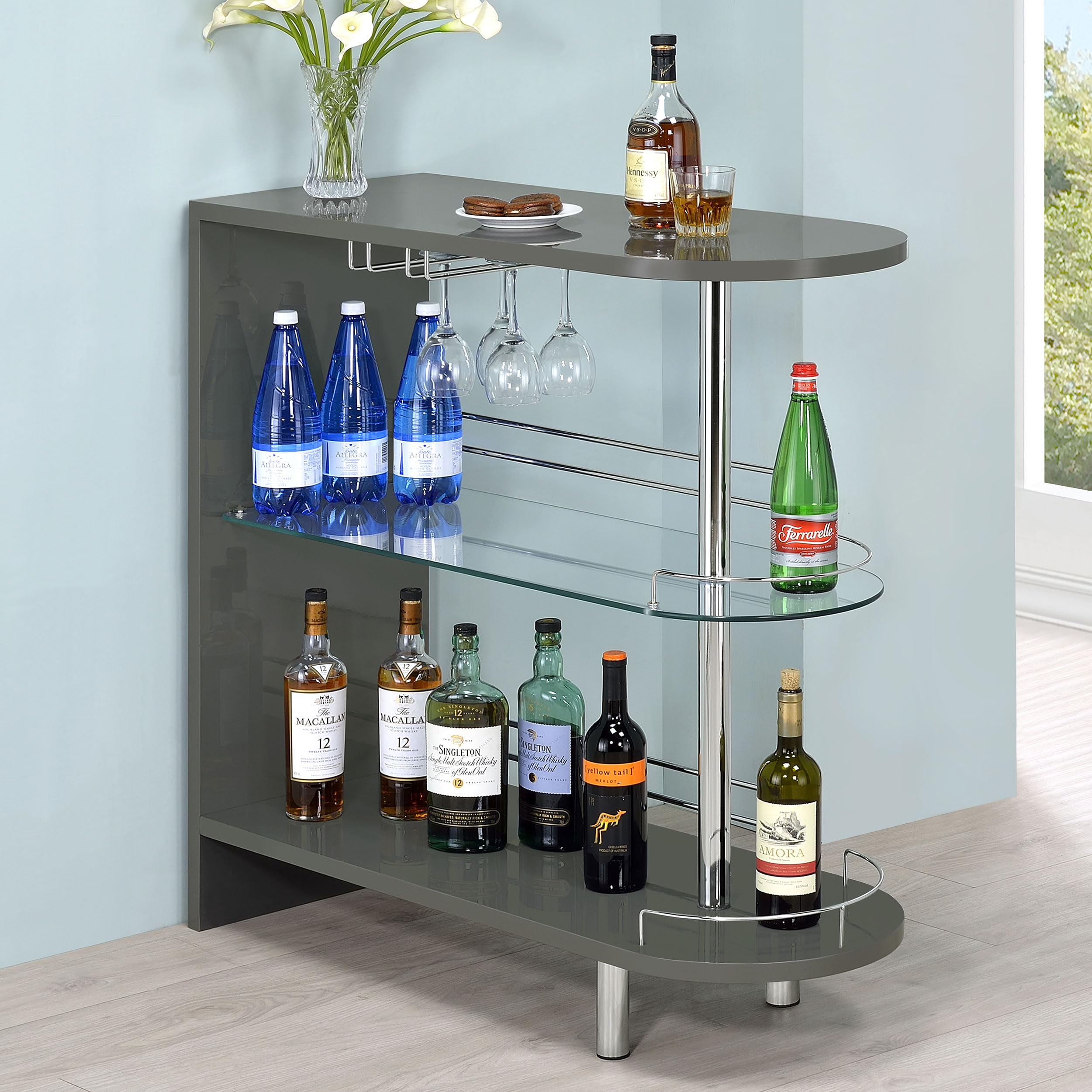 Coaster Home Furnishings Adolfo Contemporary 2-Tier Bar Table - Rectangular Grey High Gloss Finish (Model 101073) - Perfect for Home Bars, Living Rooms & Small Space Entertaining