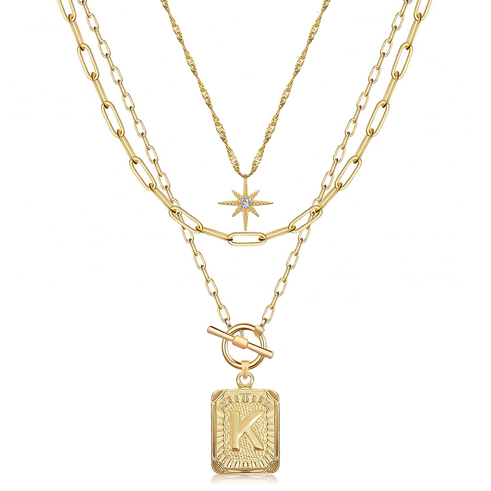 MJartoria 14K Gold Plated Initial Necklace for Women - Trendy Layered Star Choker with Square Letter Pendant & Paperclip Chain - Elegant Gold Necklace Jewelry Gift for Her (Perfect for Birthday, Anniversary, Valentine's Day Gifts)