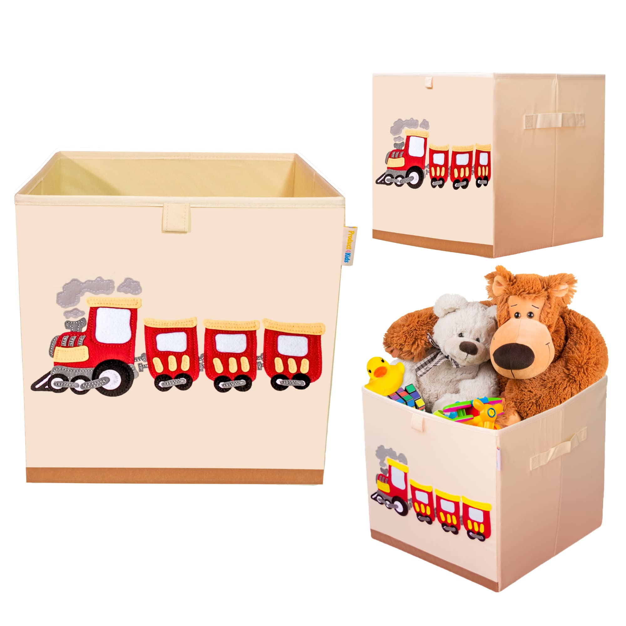 Washable Canvas Toy Storage Cube Organizer - Foldable 13x13x13 Inch Toy Box for Kids Bedroom & Playroom | Train Design | Perfect for Organizing Stuffed Animals, Legos & Playroom Toys
