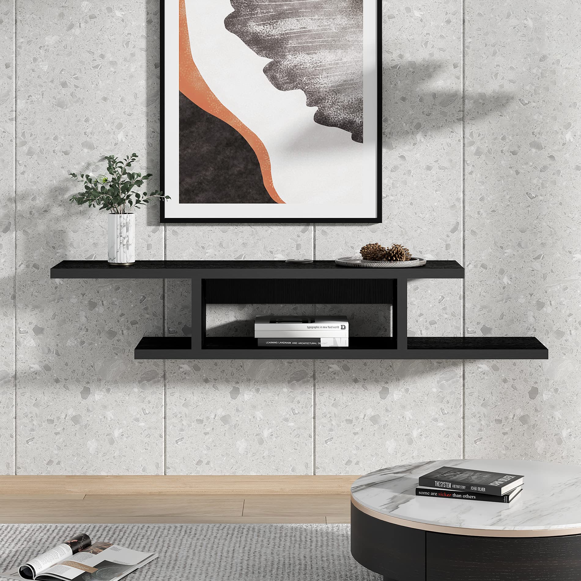 FITUEYES 50 Inch Modern Floating TV Stand with Adjustable Yellow LED Lights - Wall Mounted Under TV Shelf, Entertainment Center Media Console with Storage - Perfect for Living Room, Bedroom & Home Theater Setup - Black Wood Grain Finish