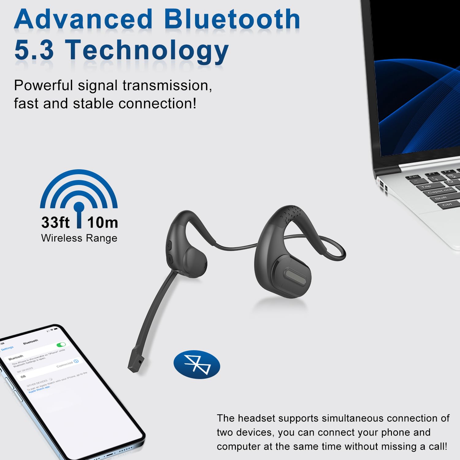 BANIGIPA Bluetooth Headset with Microphone - Wireless Noise Cancelling Headphones for Phone, Laptop, PC - Open Ear Design for Office Meetings, Running, Cycling, Driving & Work - Perfect for Remote Work & Outdoor Activities