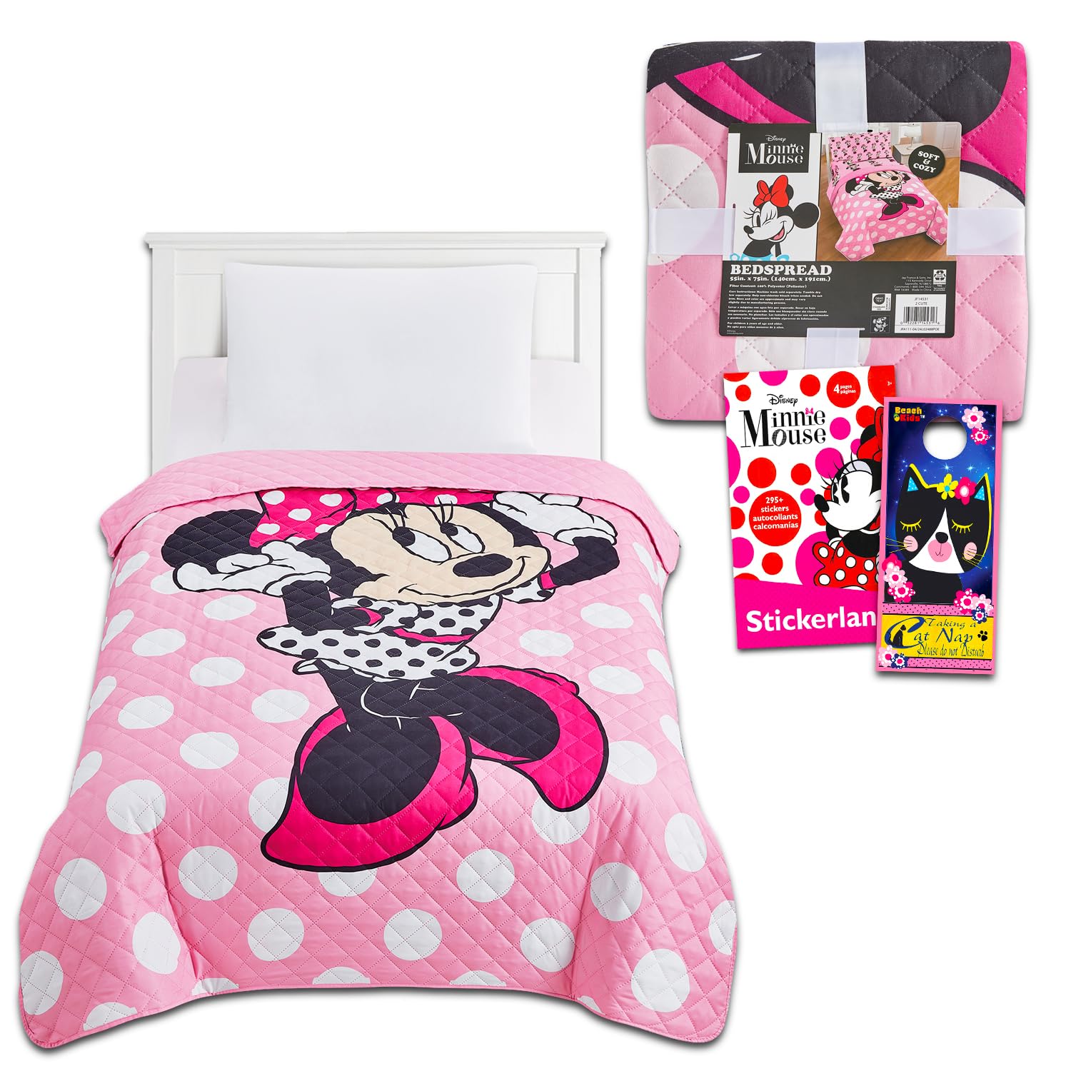 Minnie Mouse Twin Bedding Set for Girls - Quilted Bedspread with Bonus Stickers | Soft & Cozy Disney Character Bedspread for Kids' Room Decor | Perfect for Birthday Gifts, Sleepovers & Themed Bedrooms