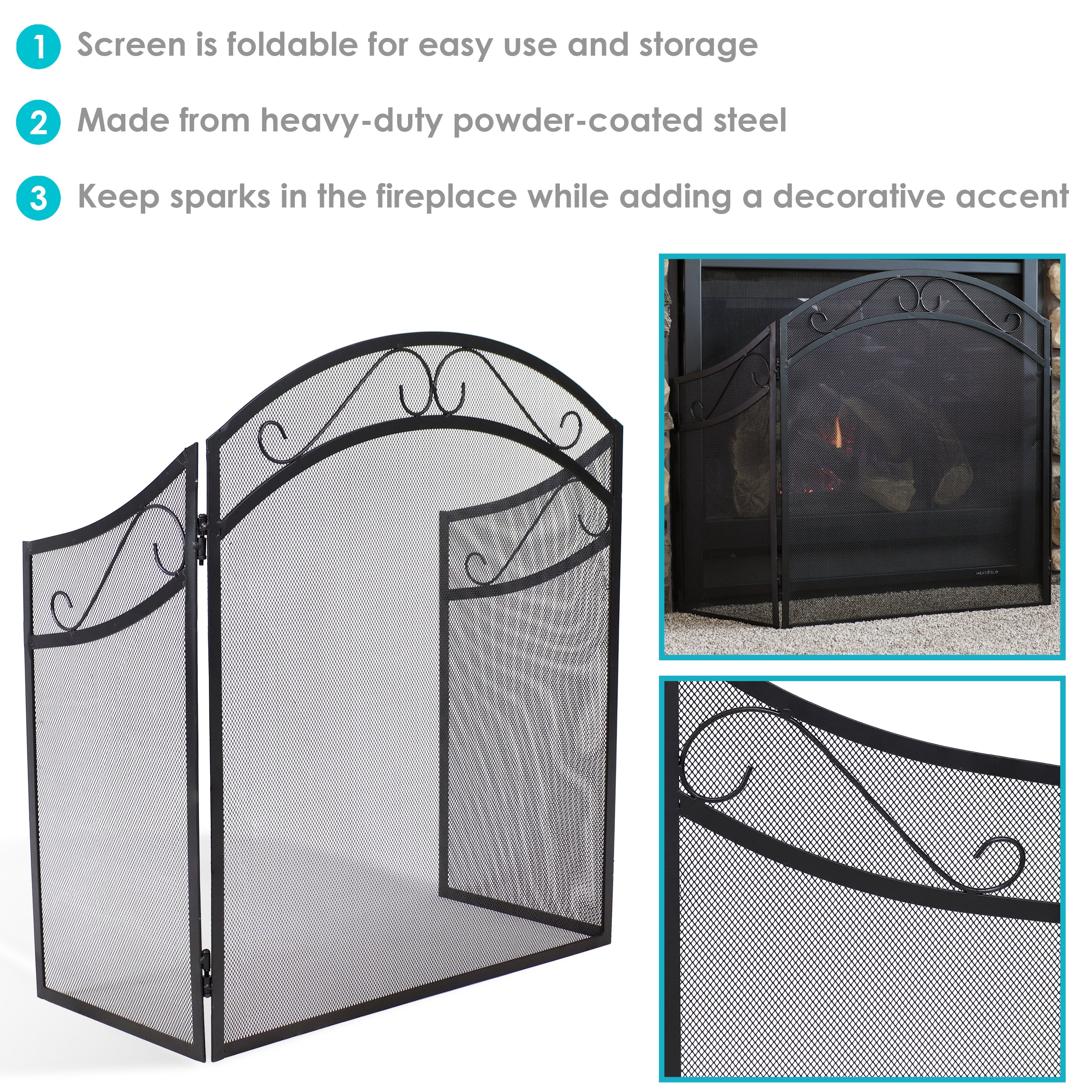 Sunnydaze 3-Panel Steel Fireplace Screen with Elegant Scroll Design - Foldable Fireplace Cover for Indoor & Outdoor Use - Perfect for Living Rooms, Patios, and Decorative Home Safety