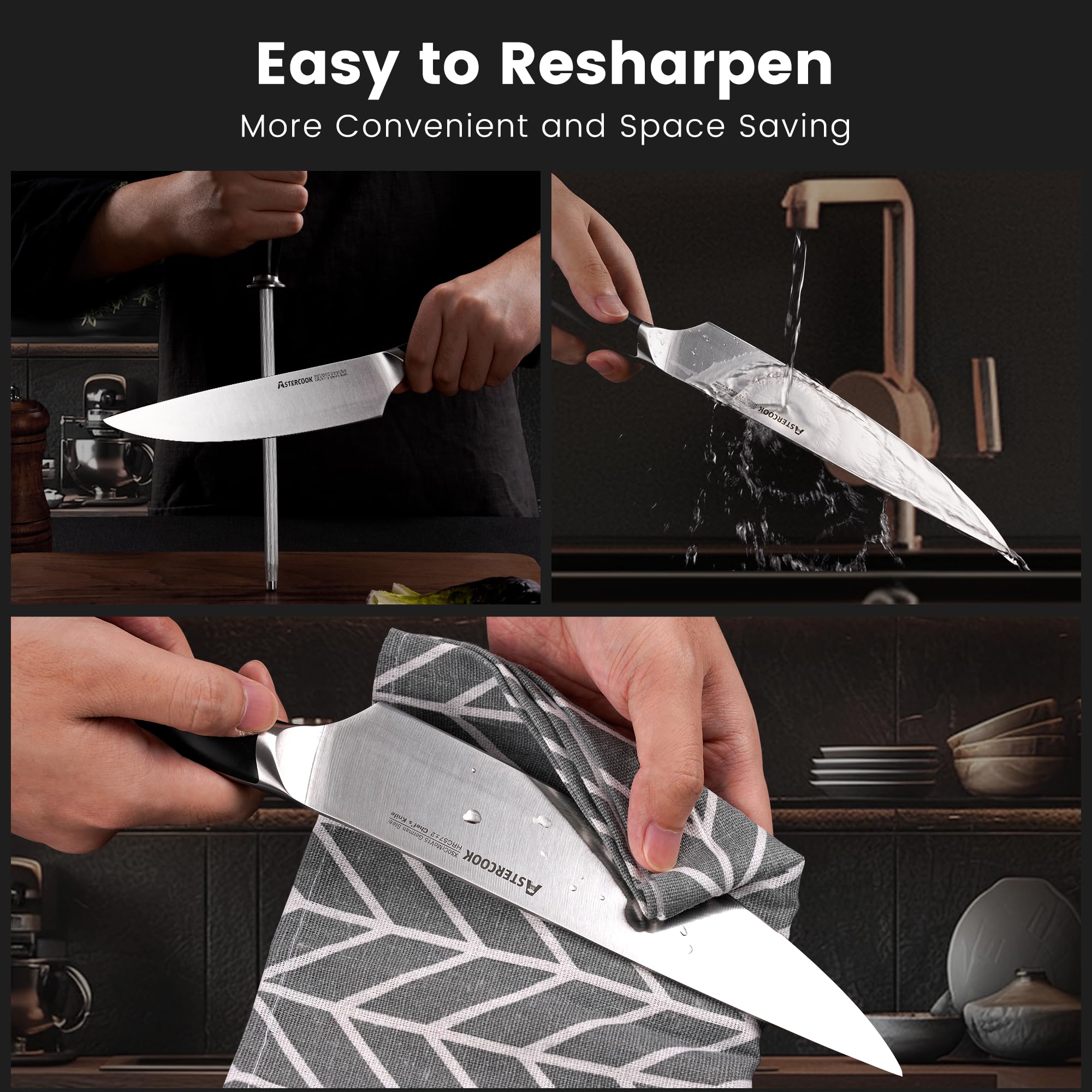 Astercook 15-Piece German Steel Kitchen Knife Set - 1.4116 Stainless Steel, Rust Proof, Full Tang Knives with Ergonomic Nylon Handle, Dishwasher Safe - Perfect for Home Chefs, Cooking Enthusiasts & Professional Kitchens