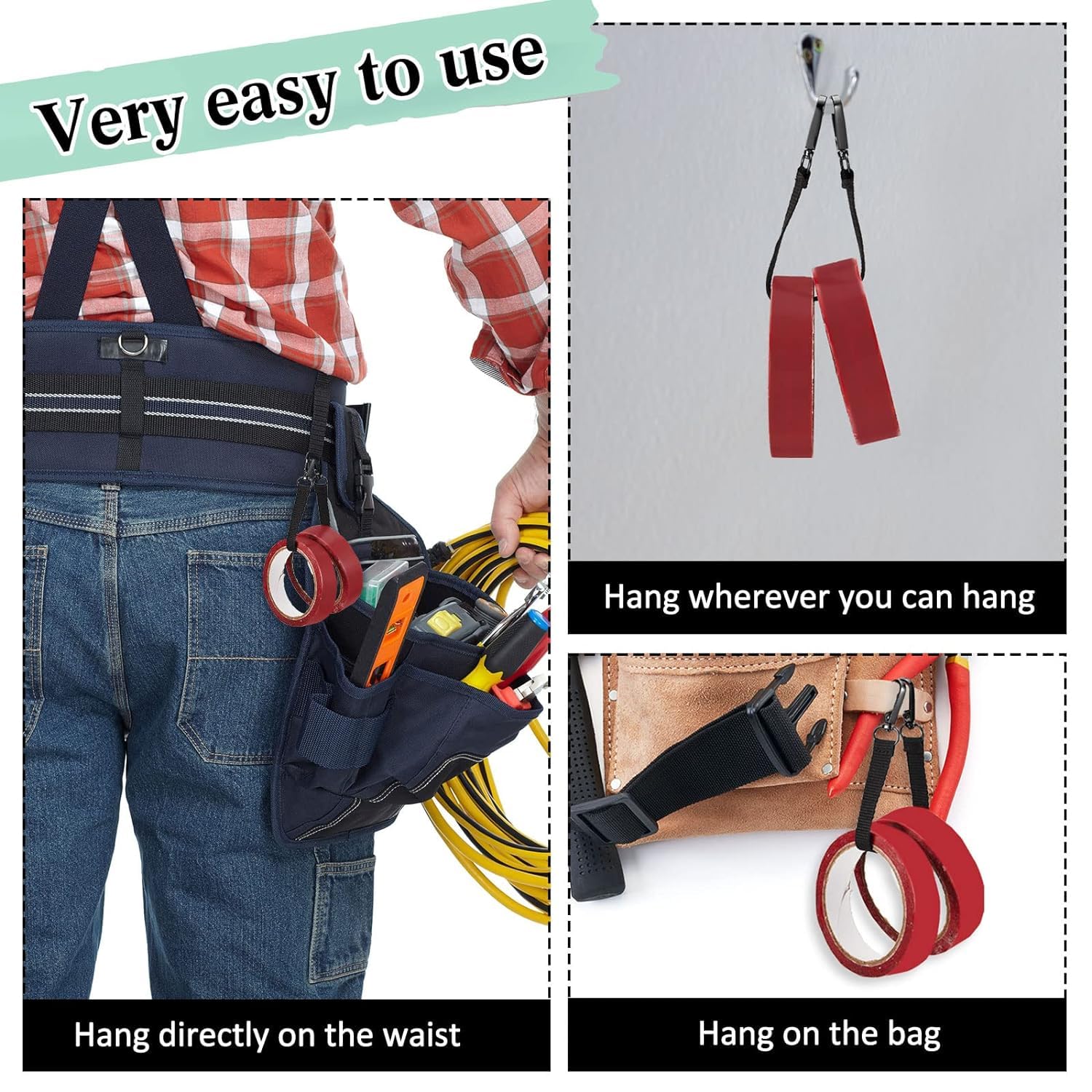 4-Pack Black Electrical Tape Holder Straps with Buckle Belt - Tape Measure Holder for Electricians, DIY & Construction Work - Perfect for Tool Belts, Work Pants & Utility Gear