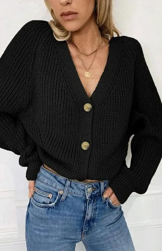 Women's Lantern Sleeve Button Front Cardigan Sweater - Cozy Knit Pullover for Office, Date Night & Fall Layering