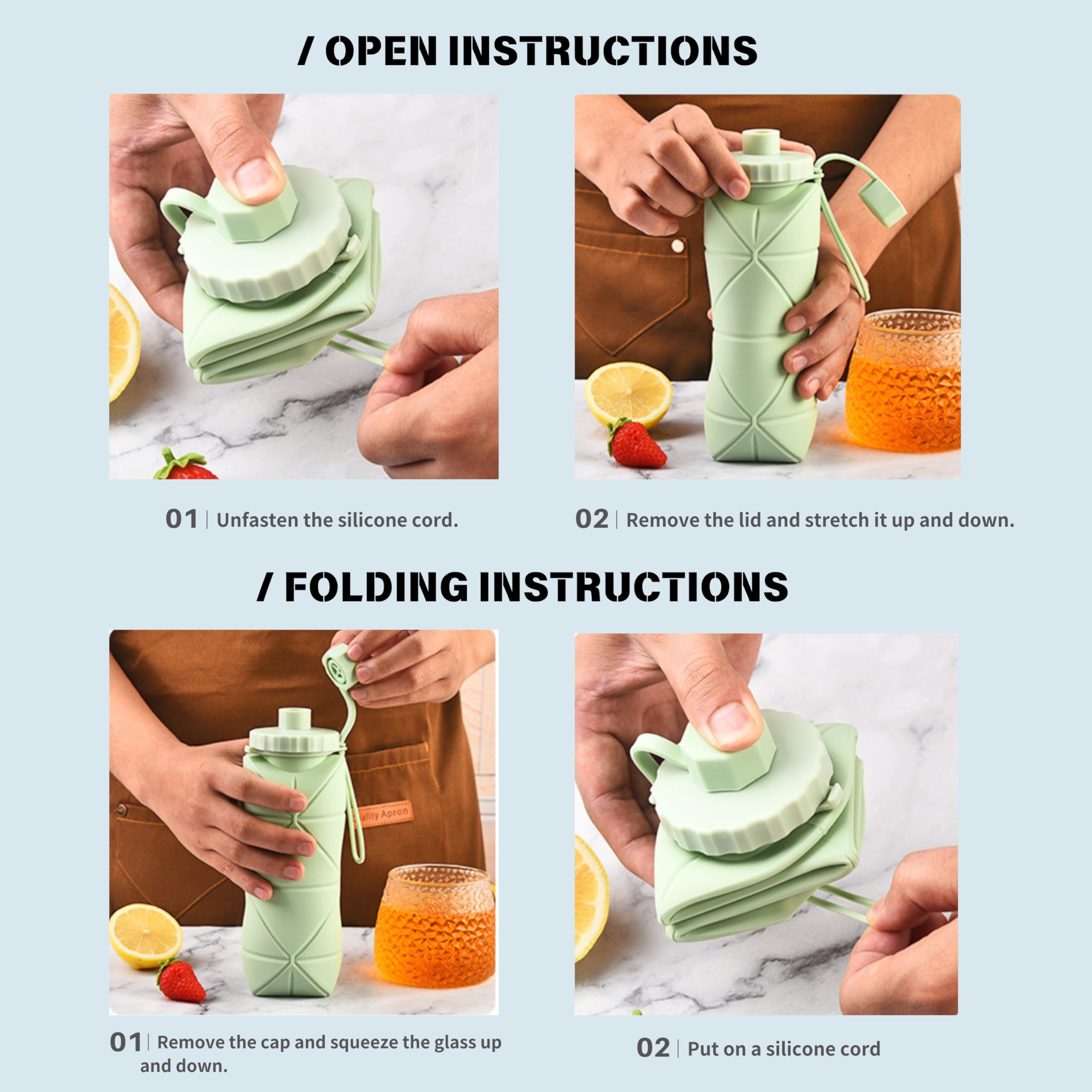 Collapsible Water Bottle - Portable & Lightweight Reusable Travel Water Bottle with Leak Proof Lid - Perfect for Hiking, Camping, Gym & Outdoor Activities (Green)