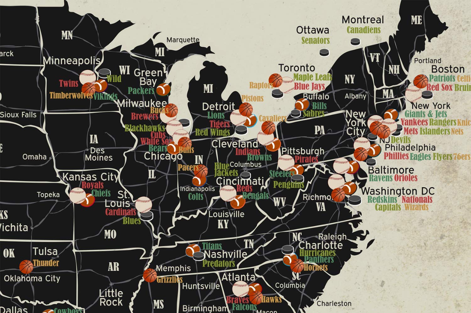 Grand Tour Sports Map - Professional MLB, NFL, NHL & NBA Stadium Locations | Framed Wall Decor with Push Pins | Perfect for Sports Fans, Man Cave & Game Room Decor