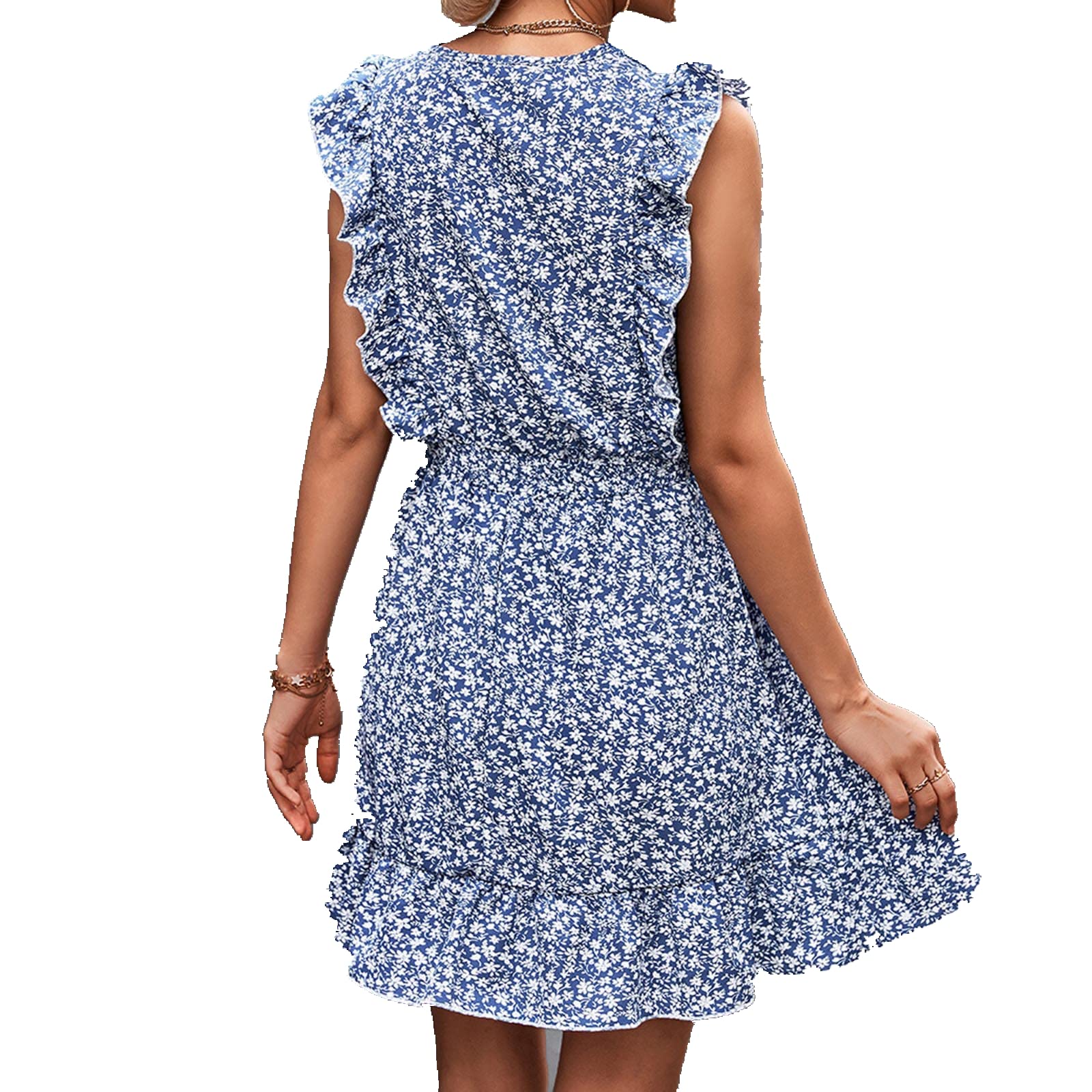 Women's Floral Summer Dress - Sleeveless V-Neck Ruffle Hem Flounced Mini Dress for Beach, Vacation & Casual Outings | Lightweight Sun Dress for Women