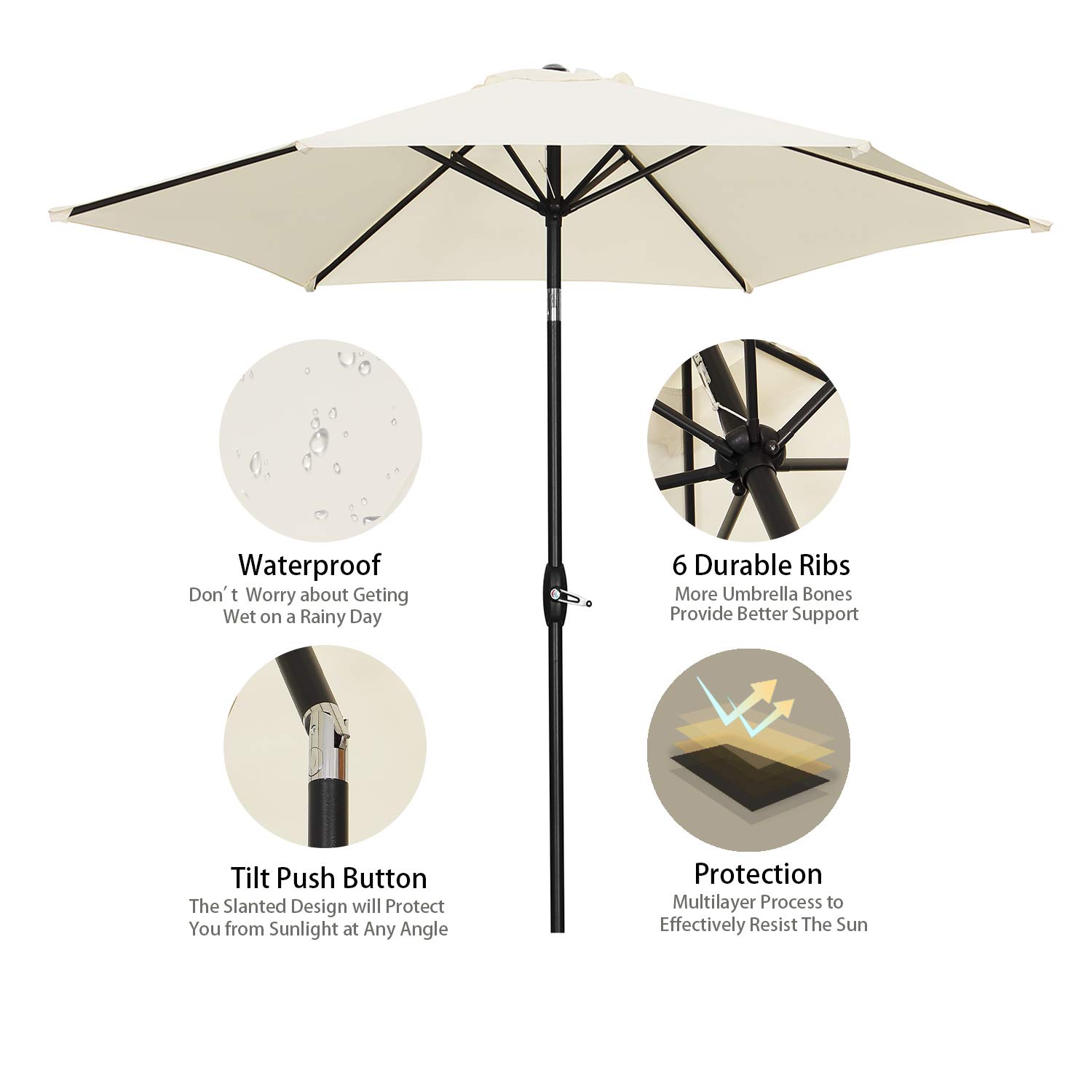 9ft Patio Umbrella with Tilt Function & 6 Sturdy Ribs - Heavy Duty Outdoor Market Umbrella for Poolside, Garden, Backyard, and Restaurant Dining Areas