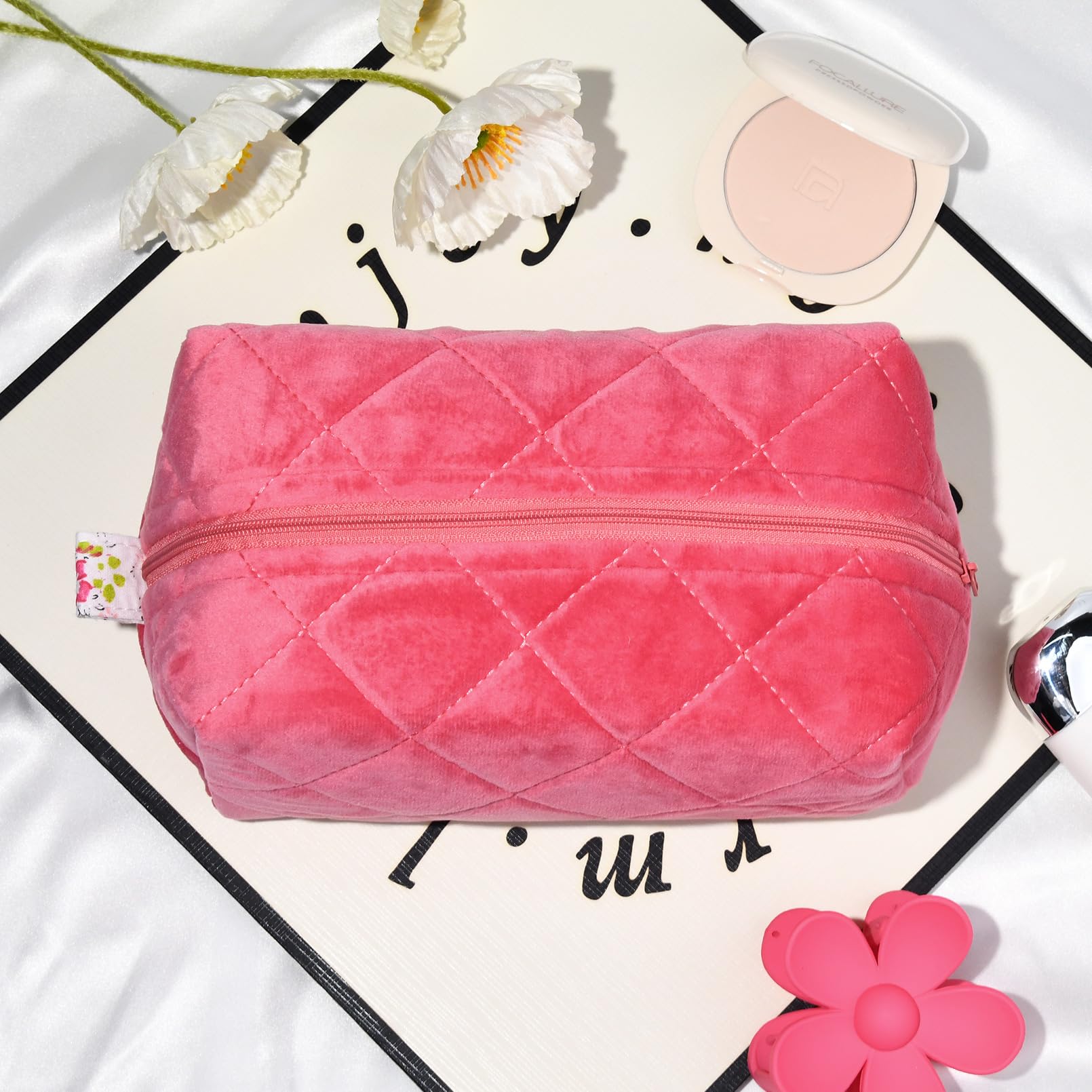 Pink Terry Quilted Makeup Bag | Puffy Coquette Cosmetic Pouch | Aesthetic Cotton Travel Toiletry Organizer | Women's Makeup Brush Storage Bag | Perfect for Travel, Gym & Daily Beauty Essentials