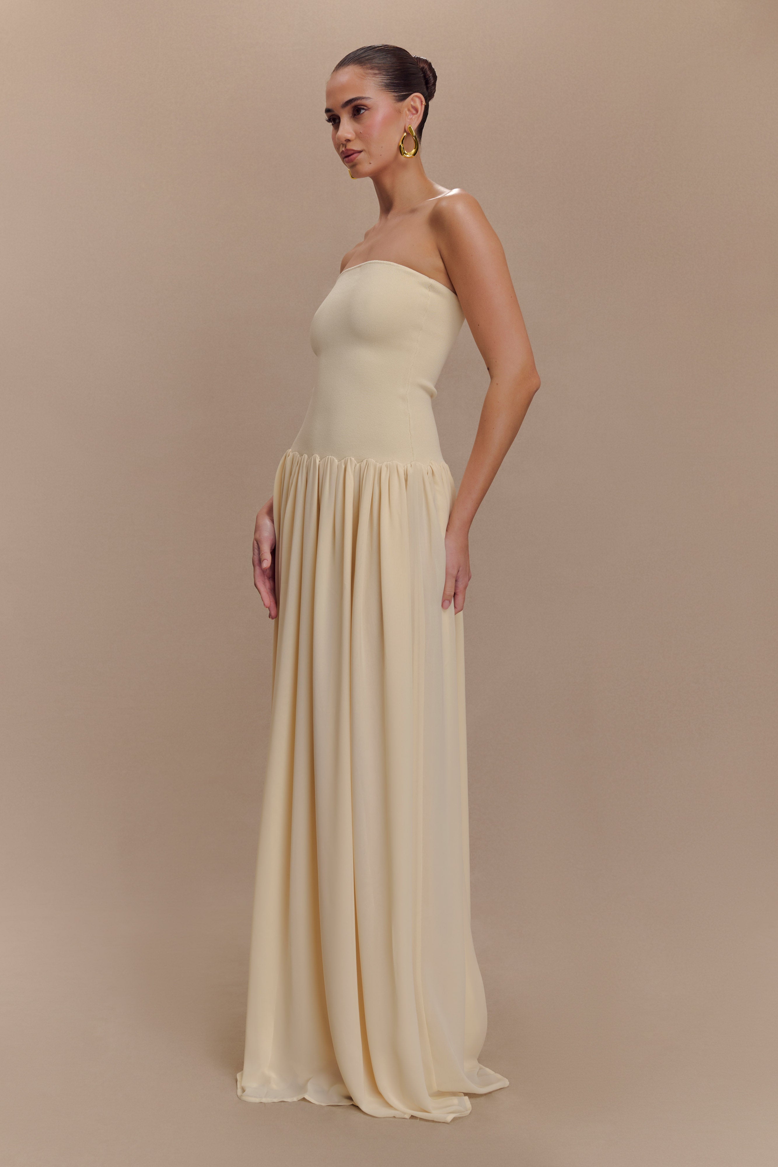 Lyanna Knit and Chiffon Strapless Maxi Dress - Cream | Elegant Formal Evening Gown for Weddings, Prom & Special Occasions