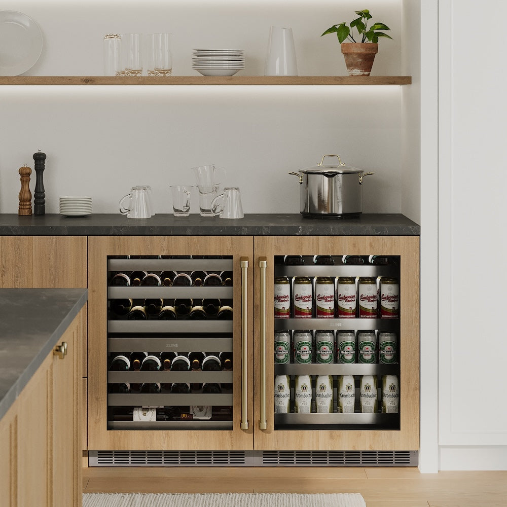 ZLINE Autograph Edition 24 Inch Touchstone Dual Zone 44 Bottle Wine Cooler with Panel Ready Glass Door & Polished Gold Handle - Perfect for Home Bars, Wine Cellars & Entertaining (RWDPOZ 24 G)