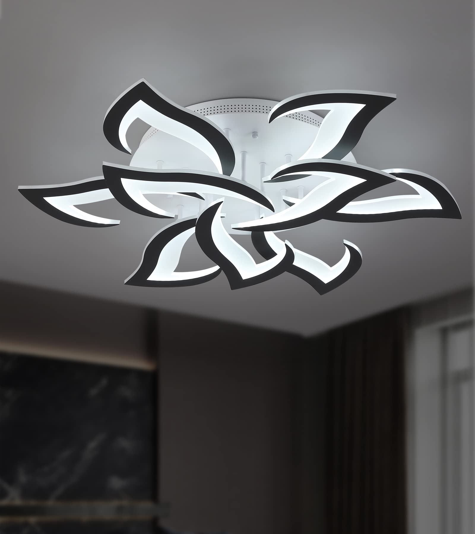 MEIXISUE Modern Black LED Floral Ceiling Light Fixture with Remote Control - Dimmable 31.5
