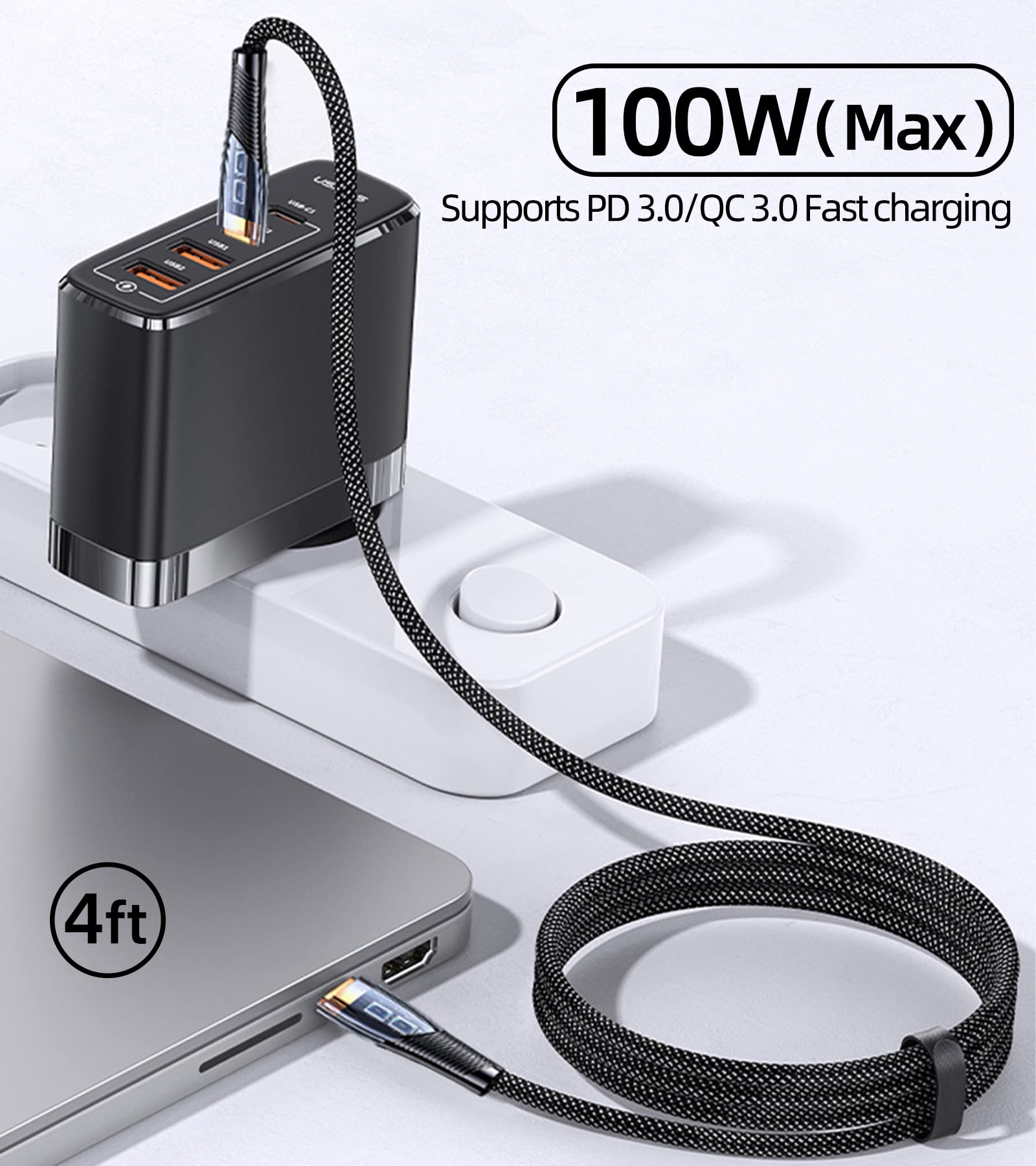 2-Pack 4ft/1.2m USB C to USB C Cable 100W PD Fast Charging, 5A Nylon Braided Type C Cable for Galaxy S22/S21/S20, Note 20, Google Pixel 4/3, iPad Pro, MacBook - Perfect for Home, Office & Travel Charging (Black)