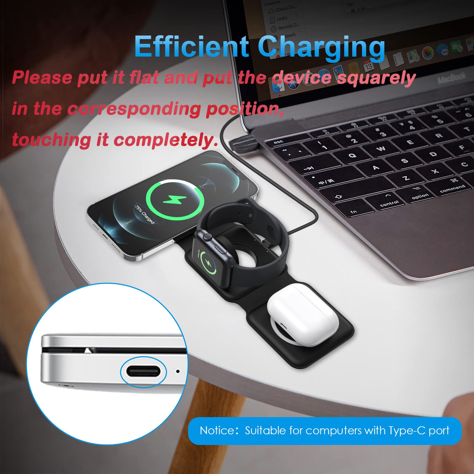 Criacr 3-in-1 Magnetic Wireless Charging Station - Fast Foldable Charger for iPhone 14/13/12 Series, Apple Watch & AirPods Pro (Black) | Perfect for Home, Office & Travel | No Adapter Included