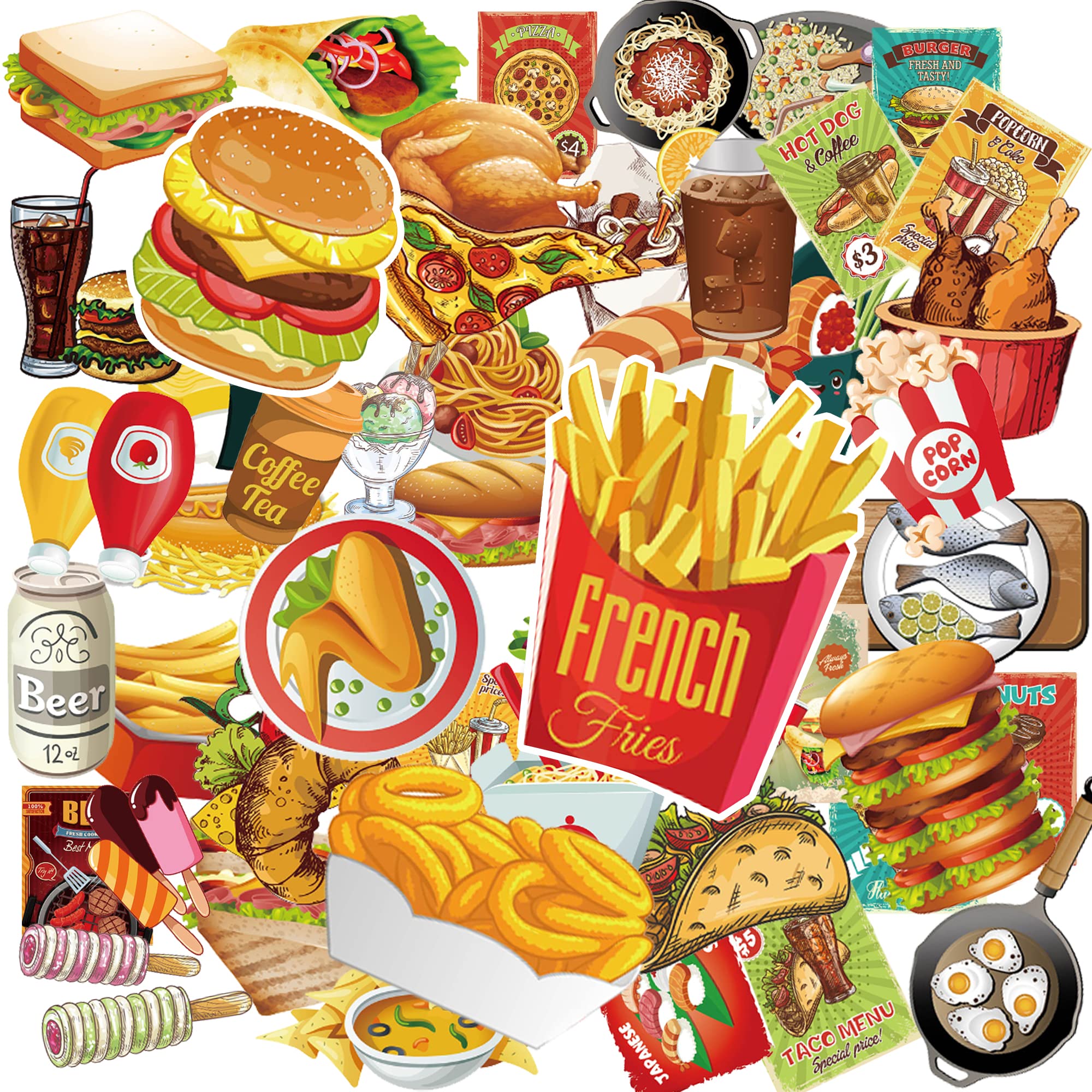 Cute Fast Food Stickers - 50Pcs Aesthetic Waterproof Vinyl Stickers for Teens Girls, Laptop, Hydro Flask, Phone, Skateboard, Luggage - Perfect for DIY Crafts, School Supplies & Personalizing Accessories