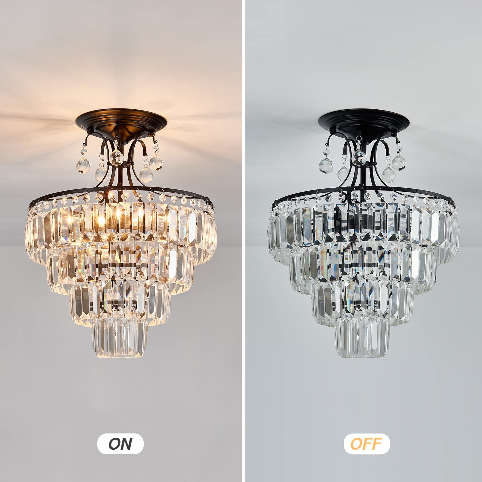 Antique Modern Black Crystal Round Chandelier - 5-Light Semi Flush Mount Ceiling Light Fixture for Living Room, Dining Room, Bedroom, Entryway, Foyer & Bathroom - E12 Base - Elegant Home & Office Lighting Decor