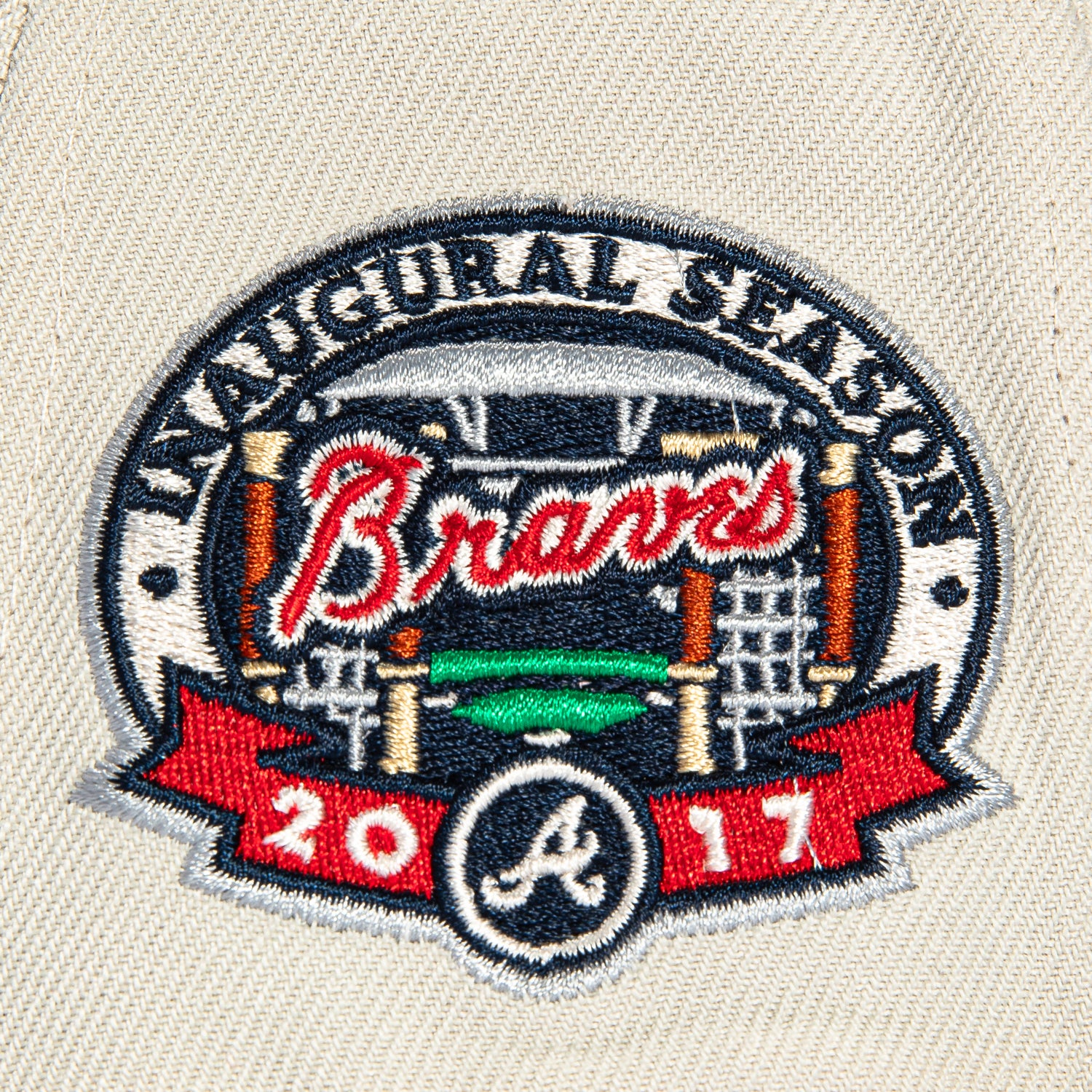 New Era 59Fifty Flawless Script Atlanta Braves Inaugural Patch Hat - Stone & Navy - Official MLB Baseball Cap for Men & Women - Perfect for Games, Collecting & Streetwear Fashion