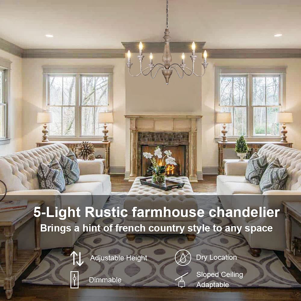 French Country 6-Light Farmhouse Chandelier - Rustic Wood Finish Candle-Style Lighting Fixture for Dining Room, Living Room, Bedroom, Kitchen & Stairway - 29.5