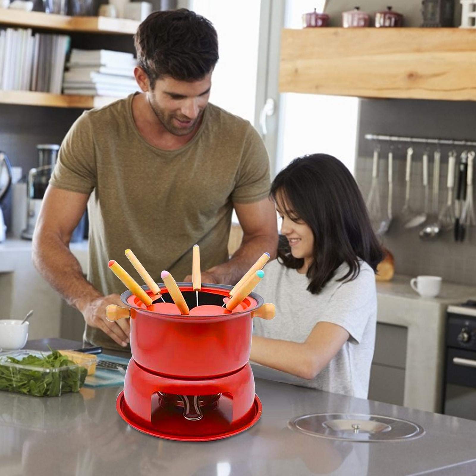 Premium Cast Iron Fondue Set - 6-Piece Multifunctional Steel Pot for Melting Cheese, Chocolate, Meat Broth & Ice Cream | Perfect for Parties, Family Gatherings & Romantic Dinners | Kitchen Accessories (Red)