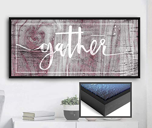 Farmhouse Pantry Sign with Gather Quote - Pink & Black Floating Frame 42x19 - Rustic Kitchen Decor, Dining Room Wall Art, Living Room Pictures - Perfect for Home Decor & Farmhouse Style Interiors