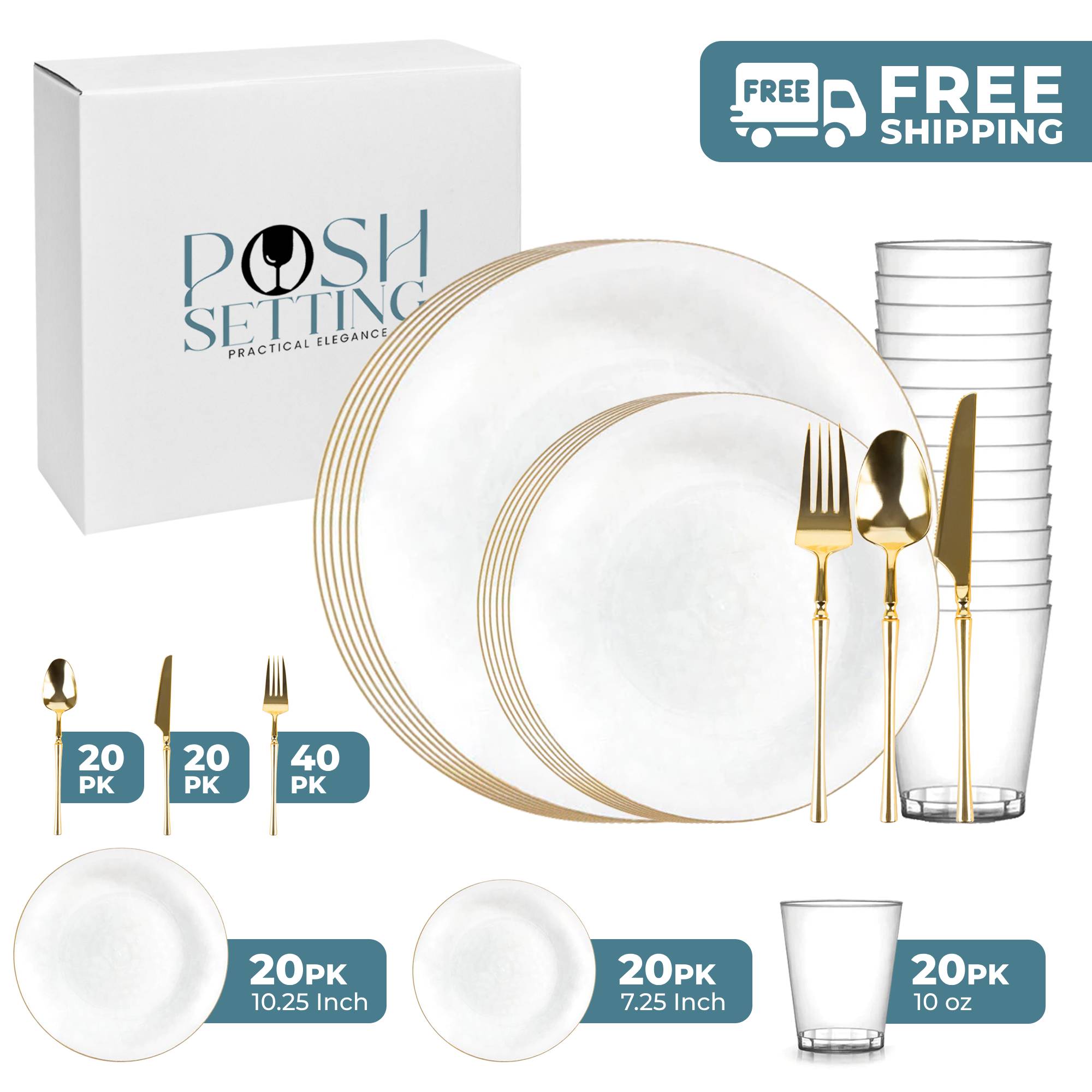 White & Gold Transparent Plastic Party Decorations Set - Eco-Friendly Hammered Design for Birthday, Wedding & Holiday Celebrations