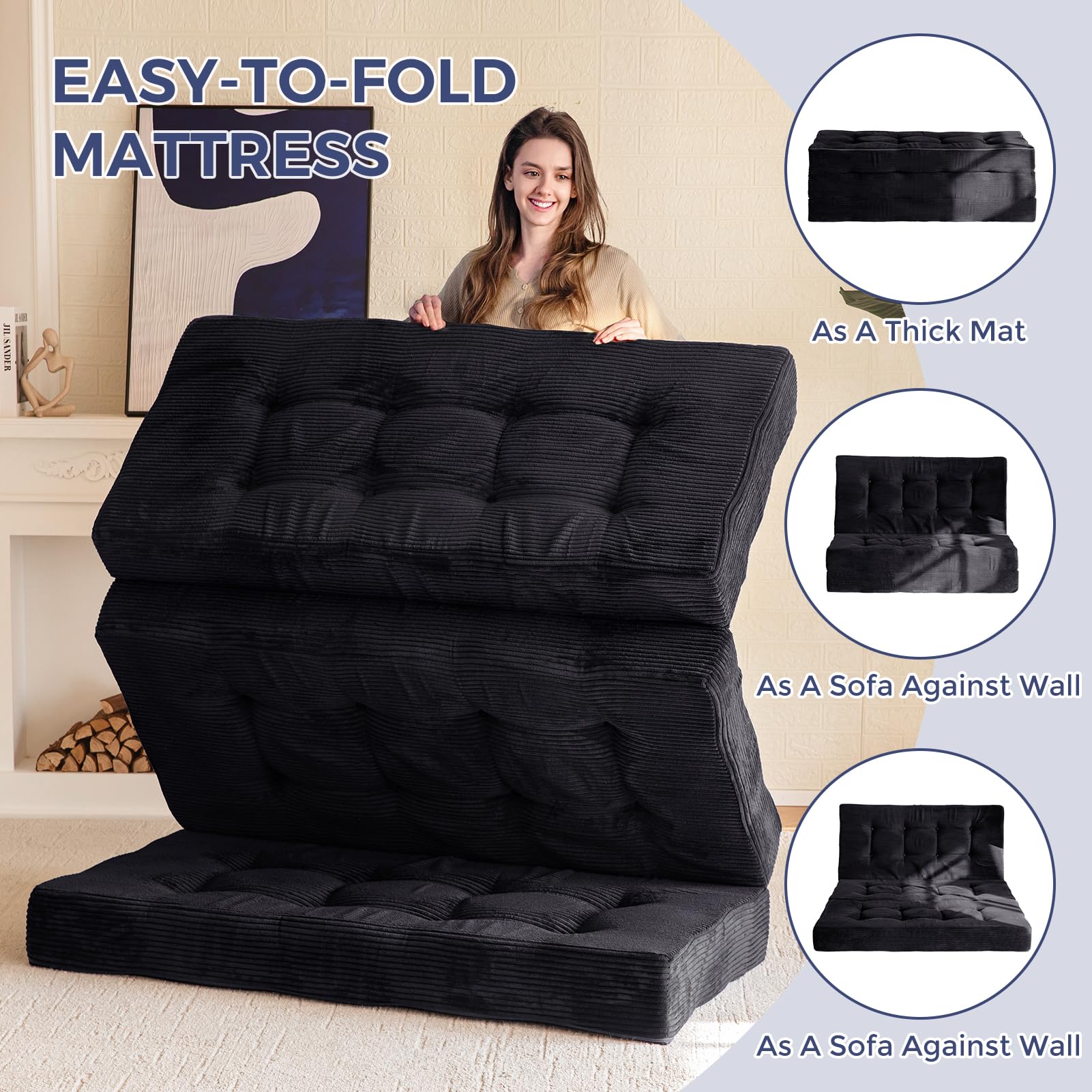 6 Inch Tri Fold Mattress - Full Size Tufted Foam Folding Bed with Corded Fabric | Portable Guest Bed, Camping Mattress & Space Saving Solution (Black)