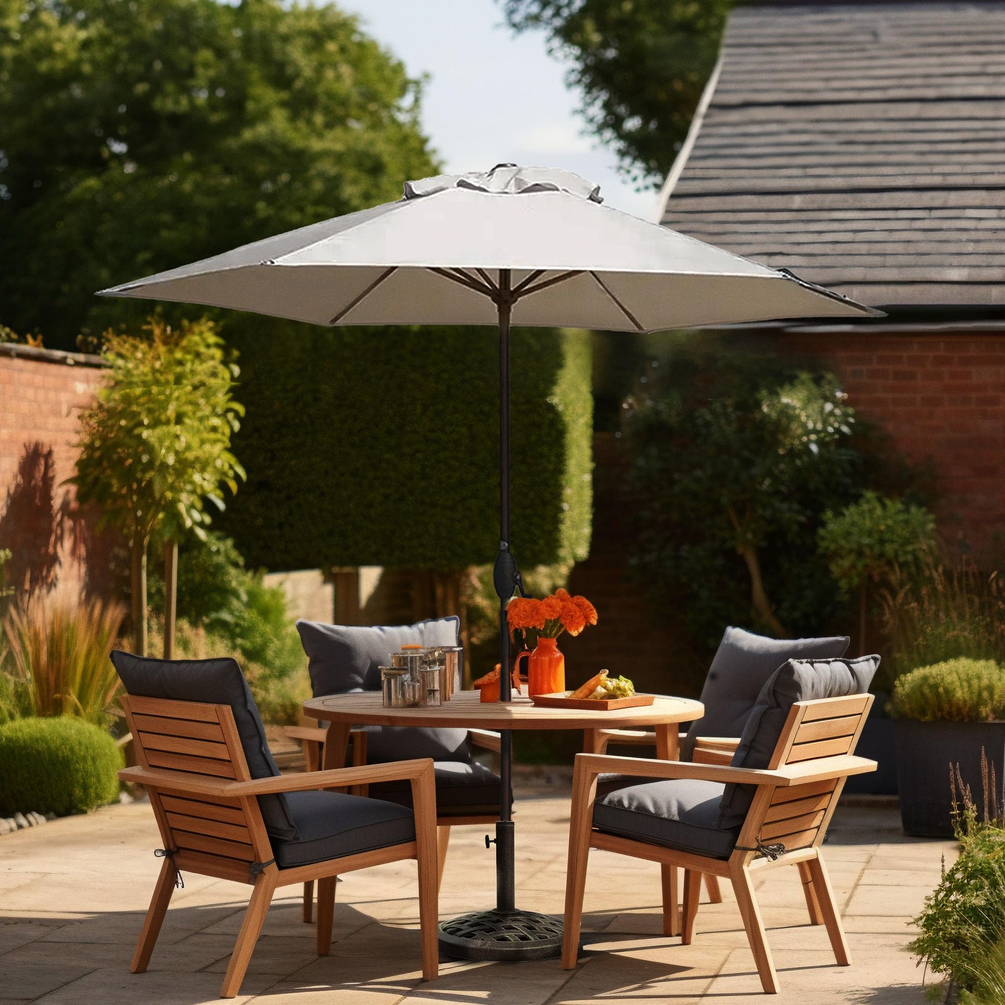 9 Foot Naples Market Patio Umbrella - Round Outdoor Shade Canopy with Push Button Tilt, Natural Polyester Fabric for Backyard, Poolside & Garden Relaxation