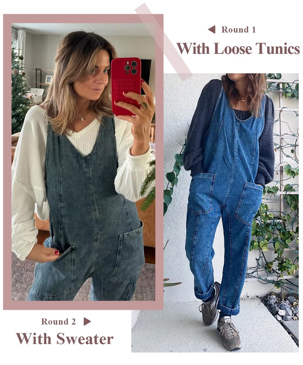 PLNOTME Women's Denim Overalls - Sleeveless V-Neck Adjustable Strap Jumpsuit with Long Pants | Casual Summer Outfit, Outdoor Activities, Streetwear Fashion